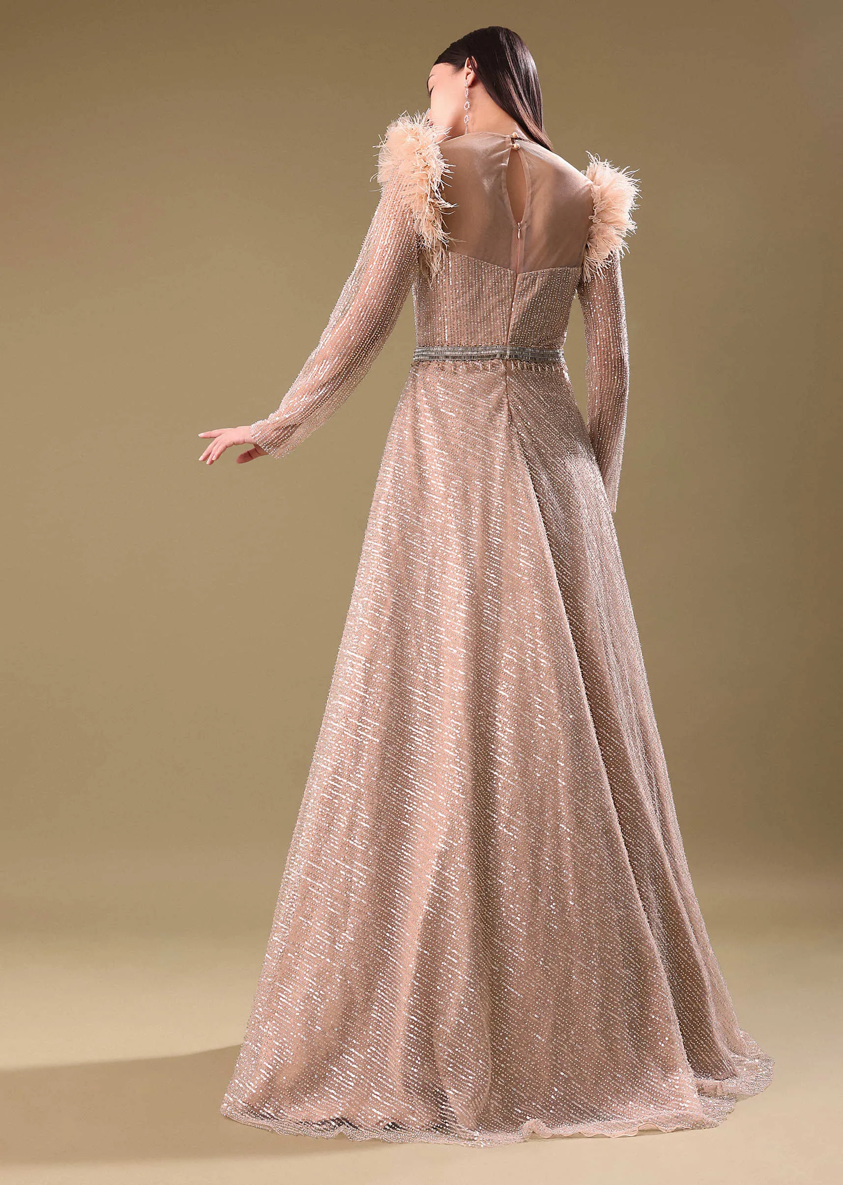 Beige Hand Embroidered Sequins Gown
