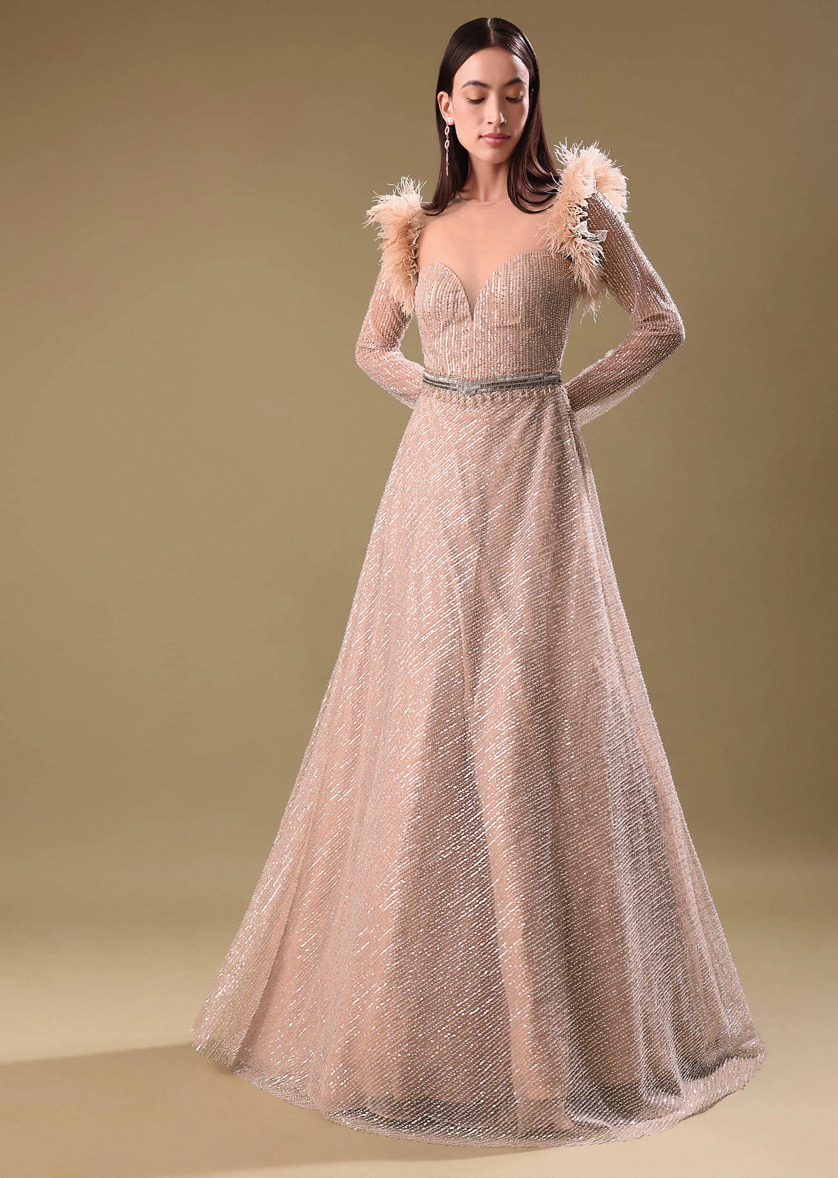 Beige Hand Embroidered Sequins Gown