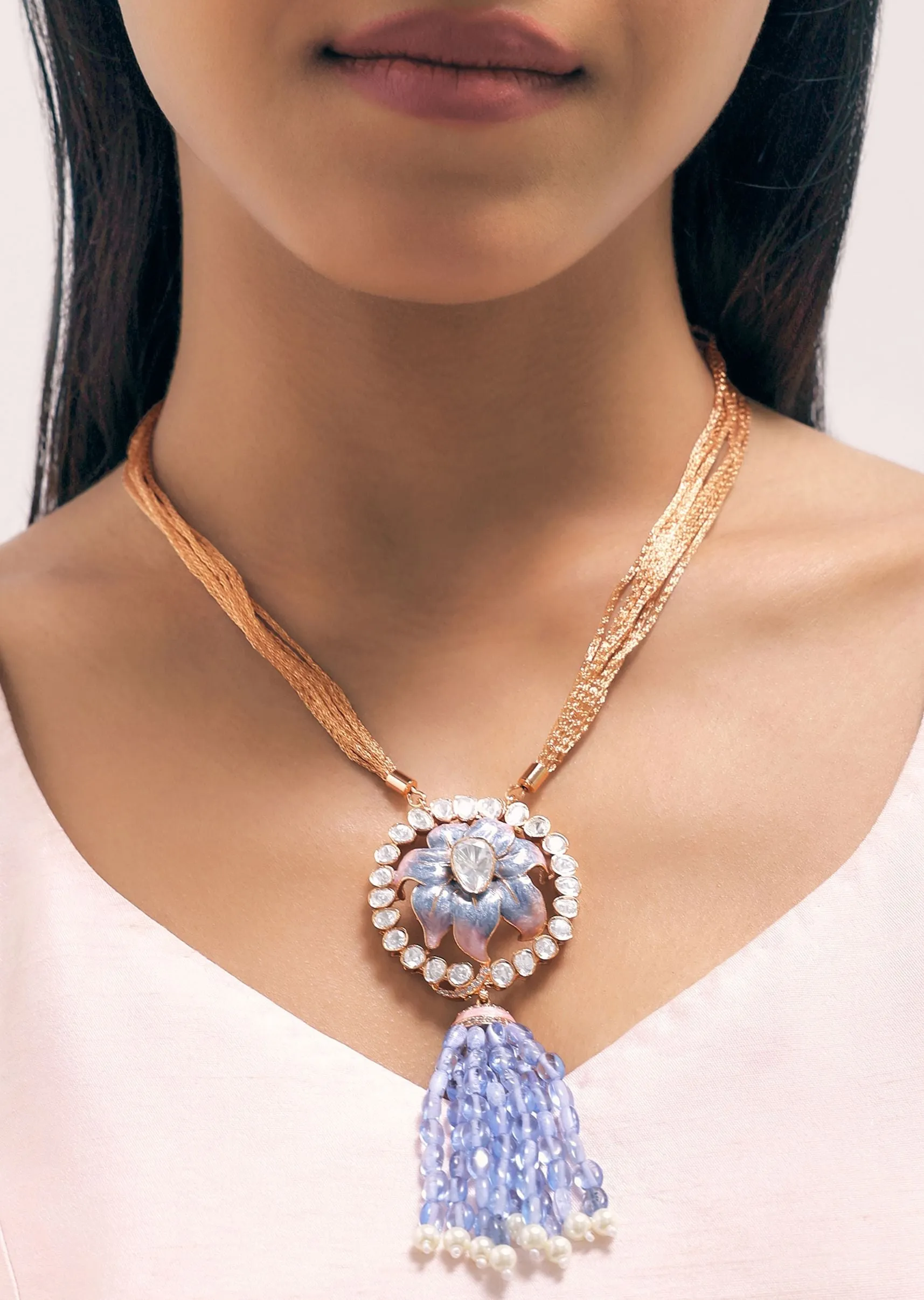 Blue And Rose Gold Finish Necklace Set With Enamel Work