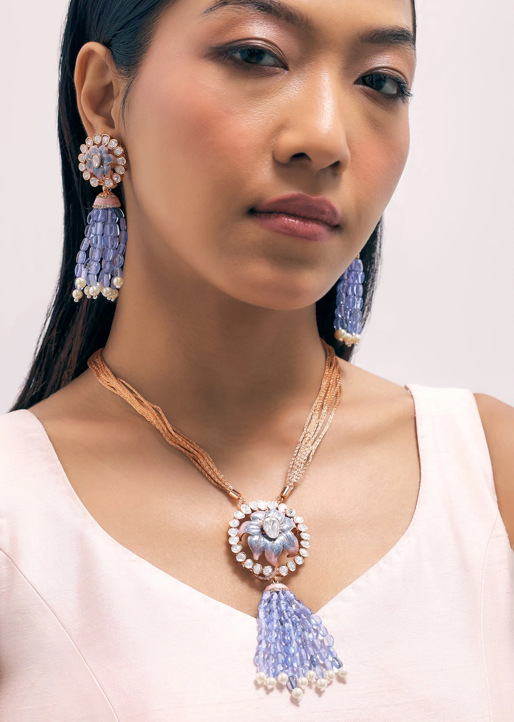 Blue And Rose Gold Finish Necklace Set With Enamel Work