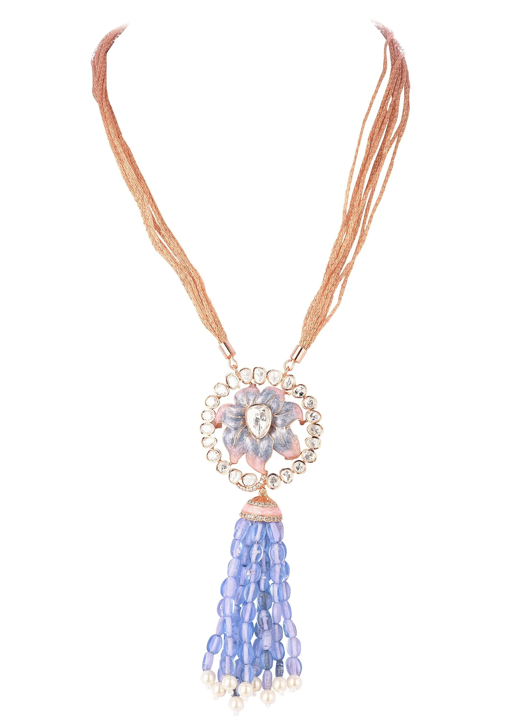 Blue And Rose Gold Finish Necklace Set With Enamel Work