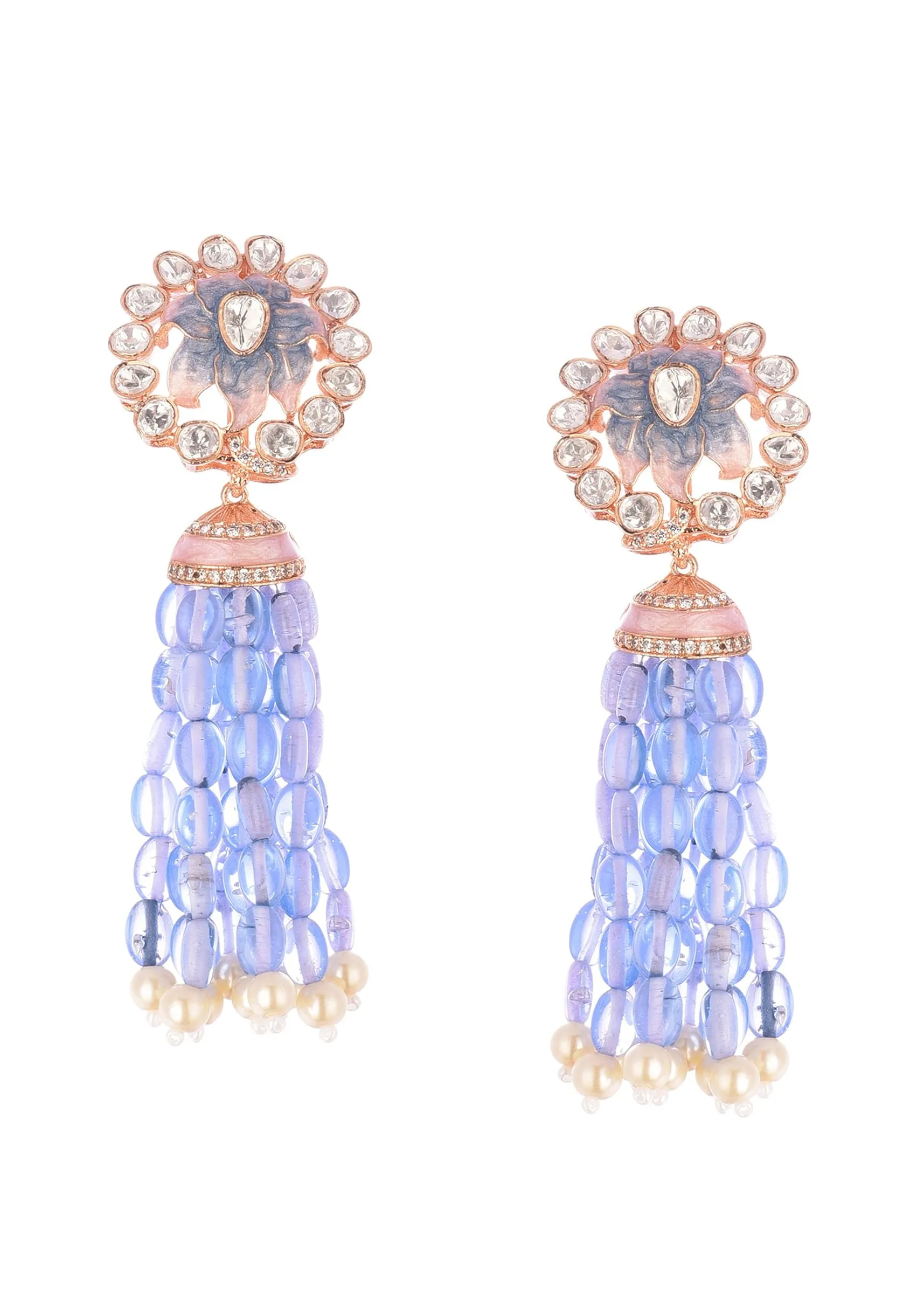Blue And Rose Gold Finish Necklace Set With Enamel Work
