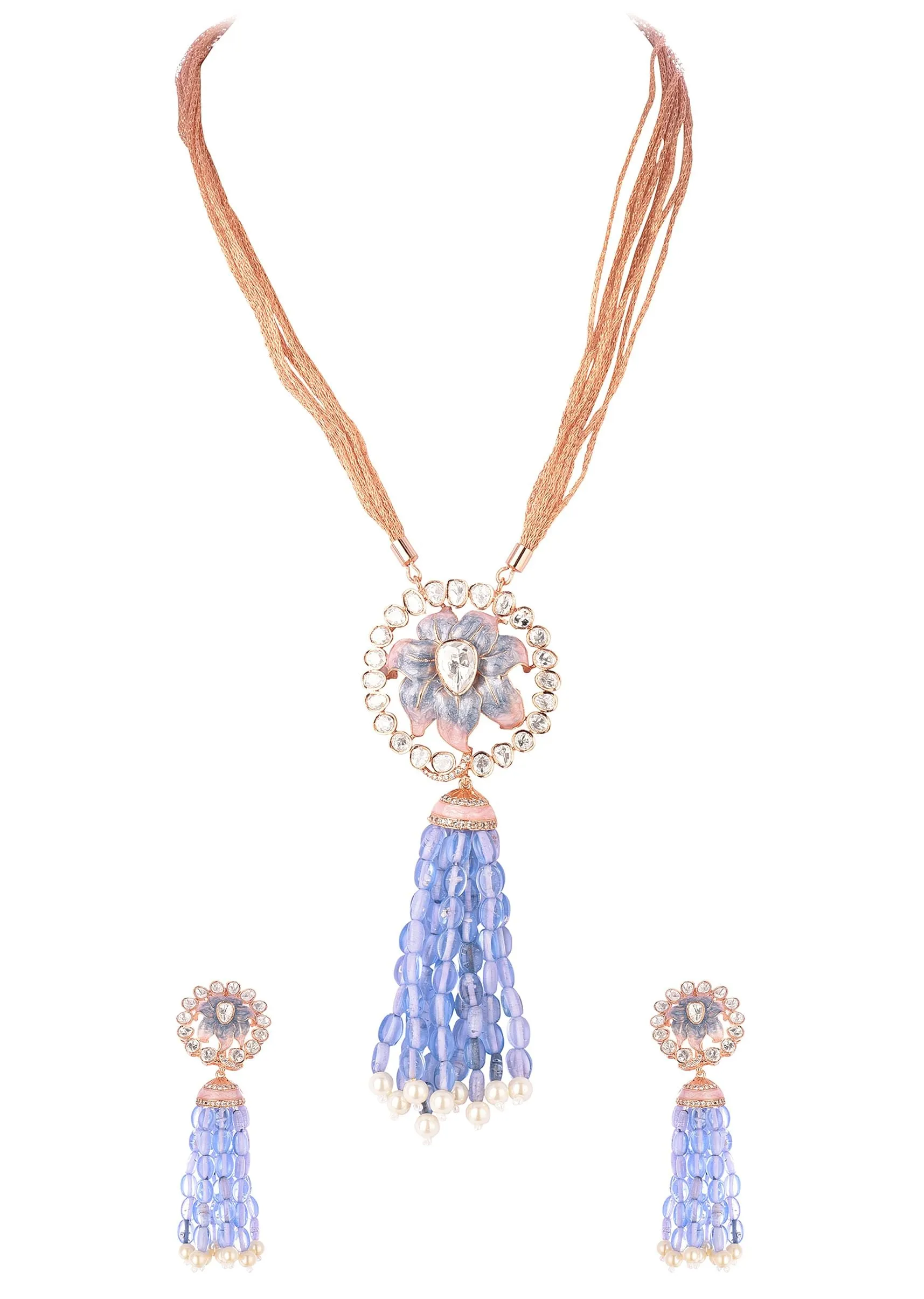 Blue And Rose Gold Finish Necklace Set With Enamel Work