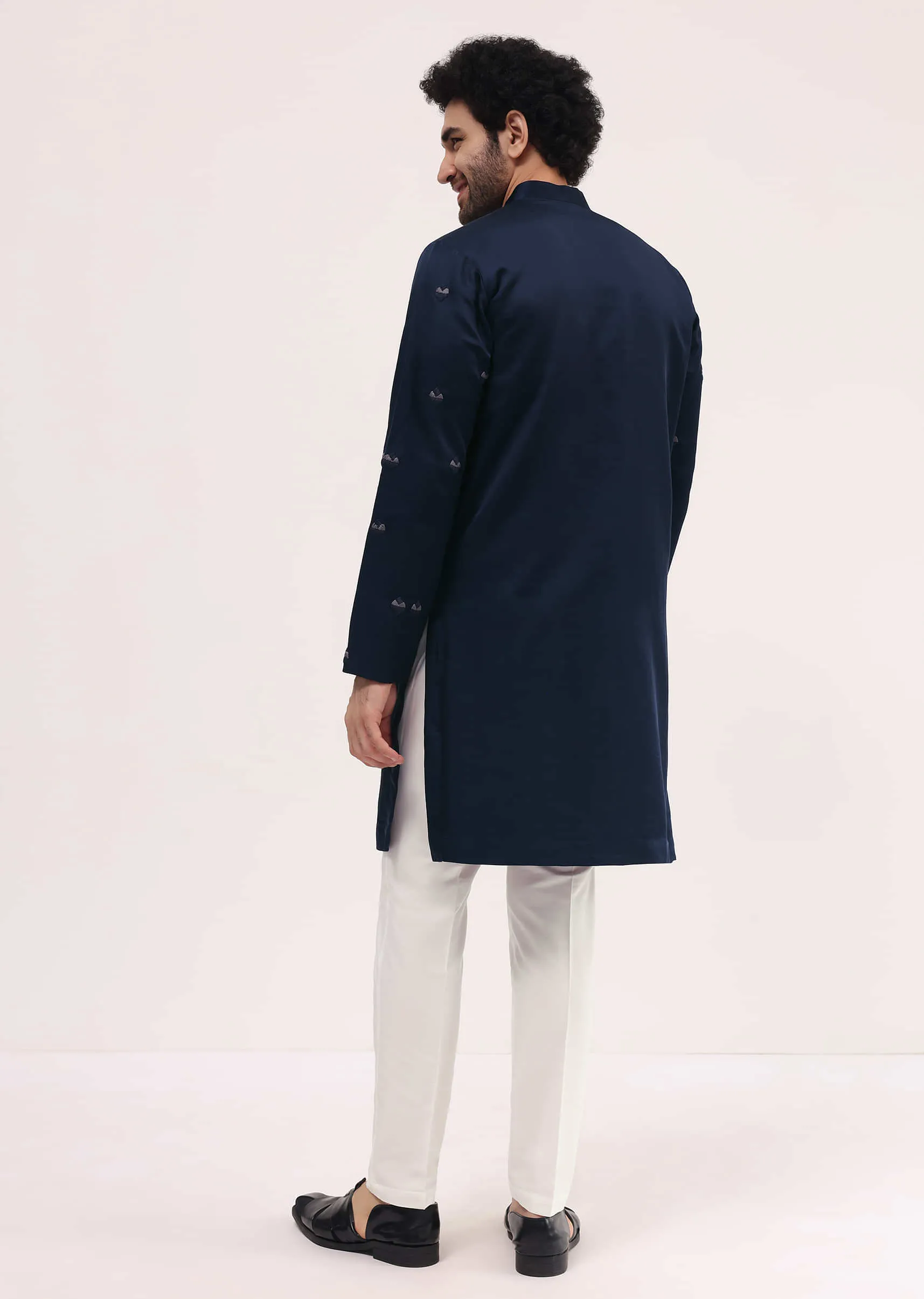 Blue Bud Embroidered Silk Kurta Set For Men