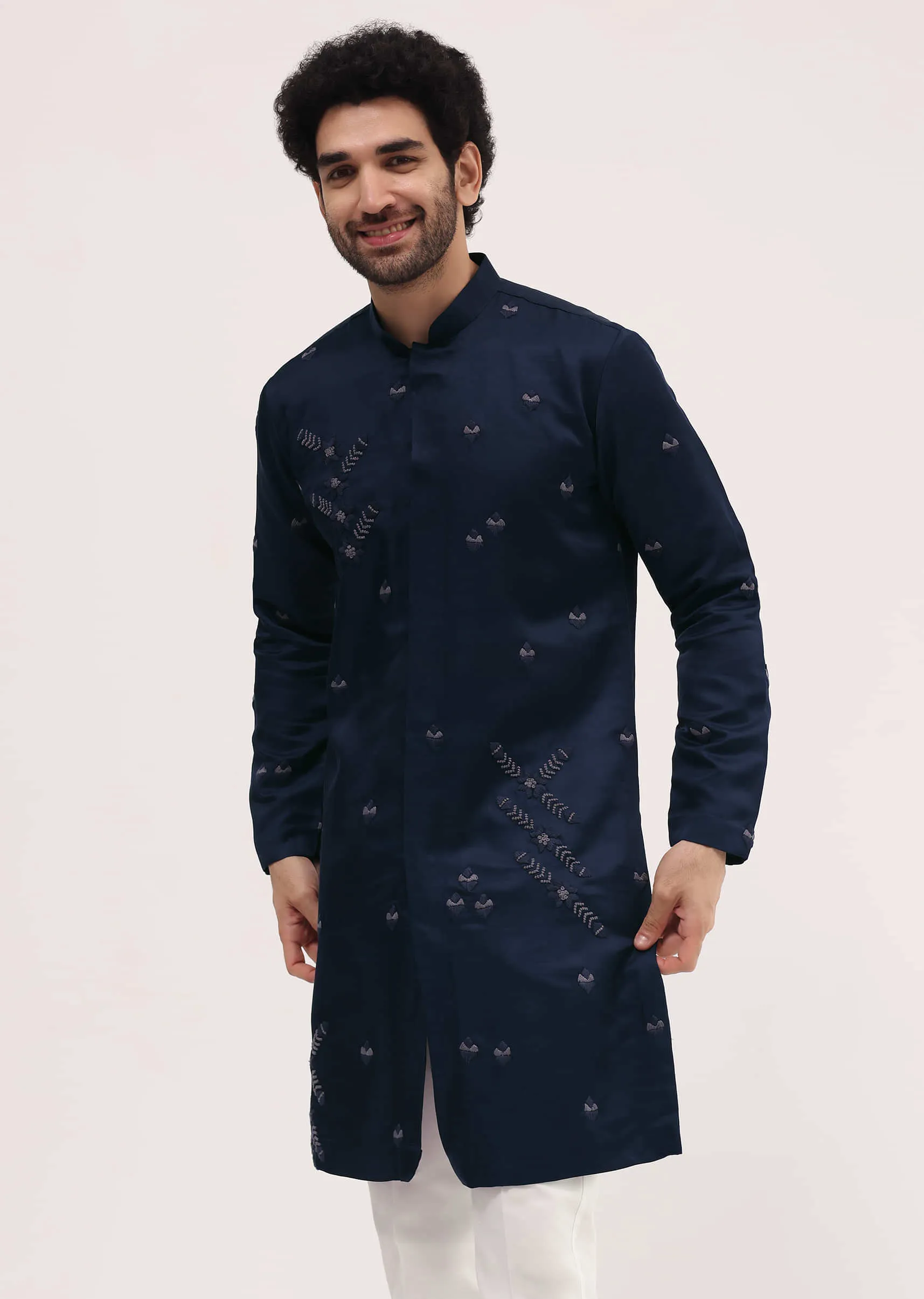 Blue Bud Embroidered Silk Kurta Set For Men
