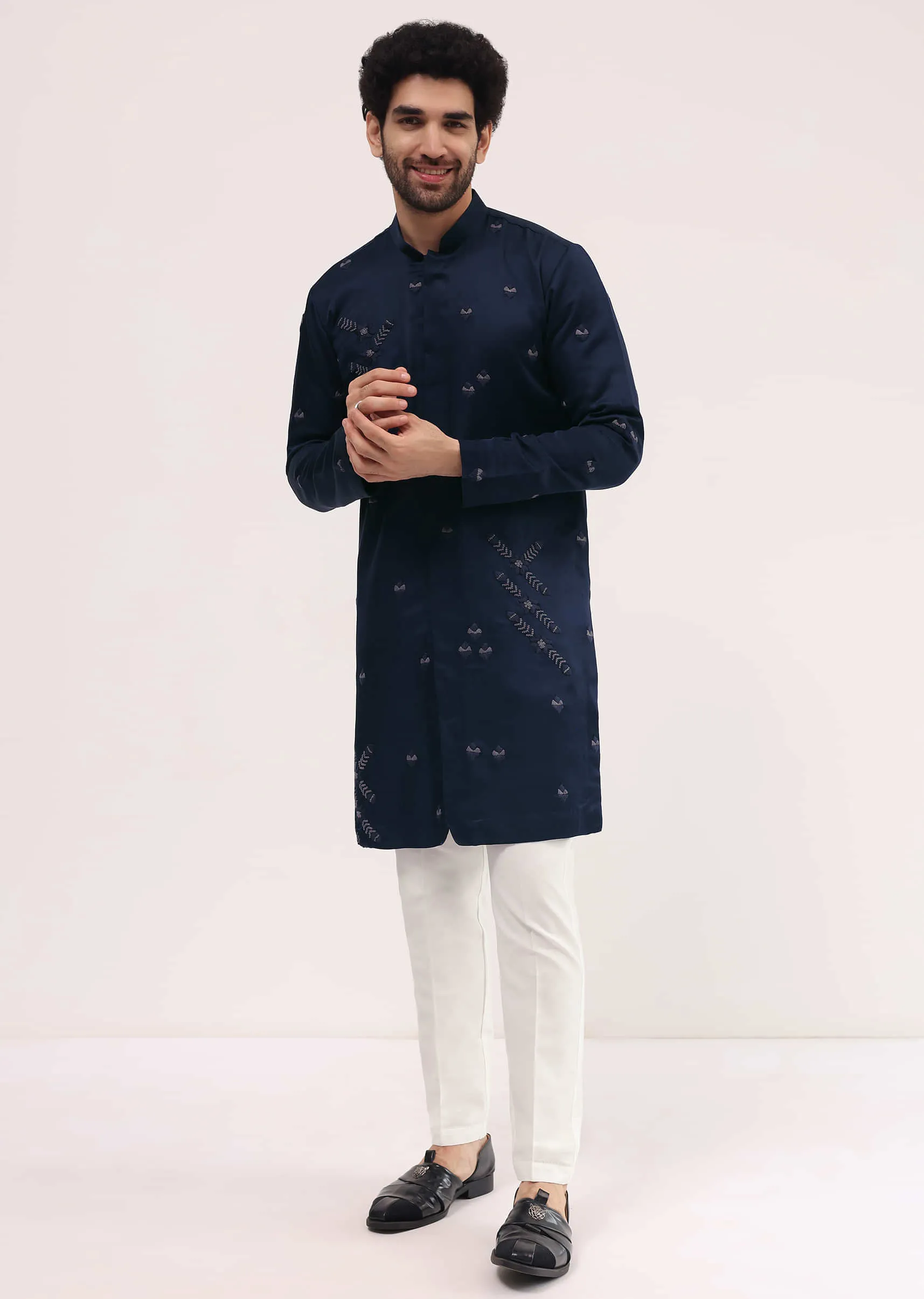 Blue Bud Embroidered Silk Kurta Set For Men