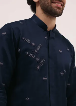 Blue Bud Embroidered Silk Kurta Set For Men
