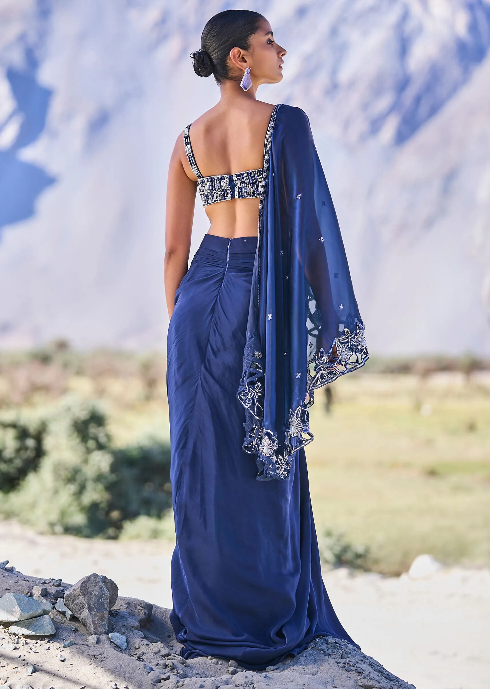 Blue Crepe Draped Skirt With Embroidered Blouse And Cape