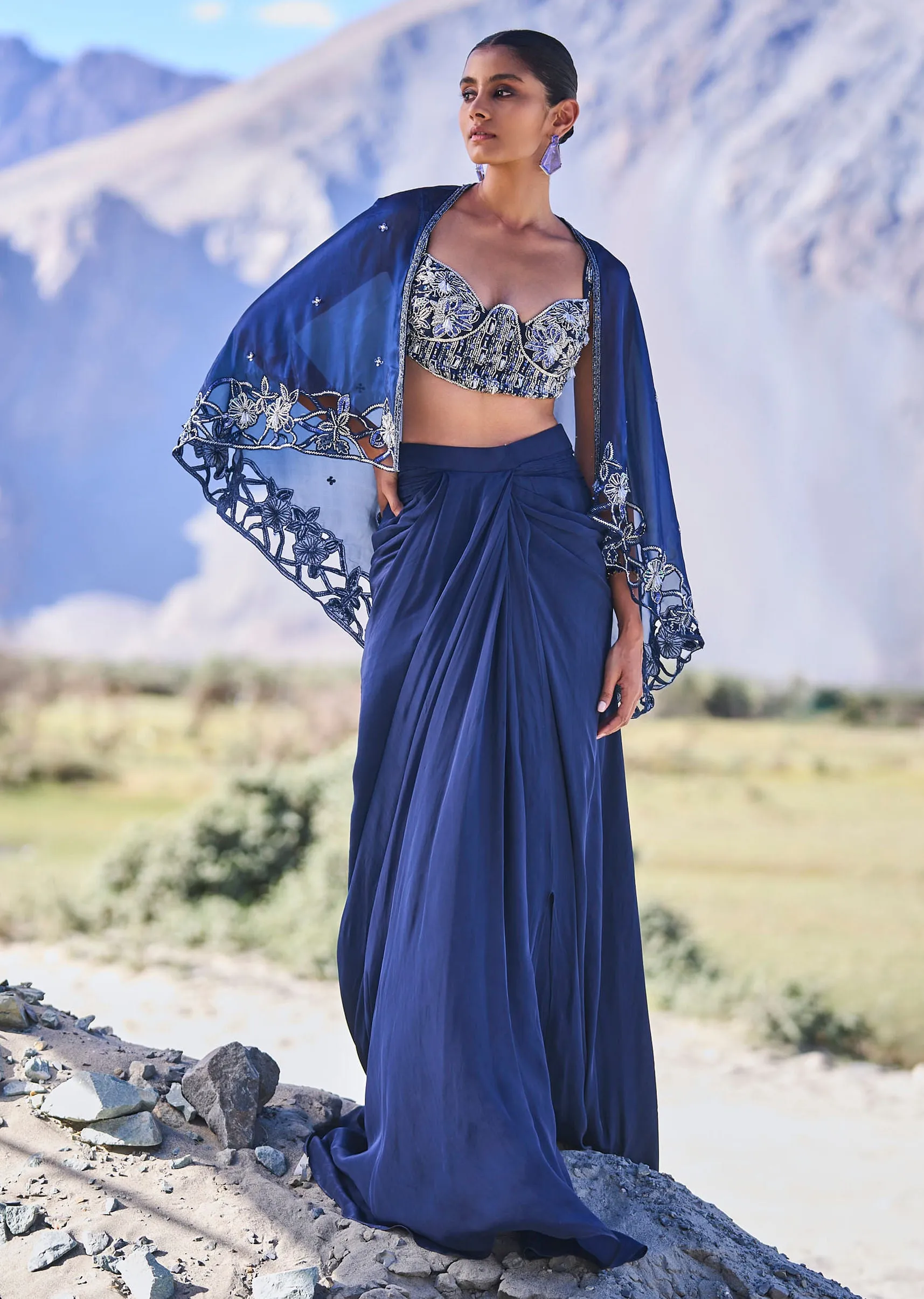 Blue Crepe Draped Skirt With Embroidered Blouse And Cape