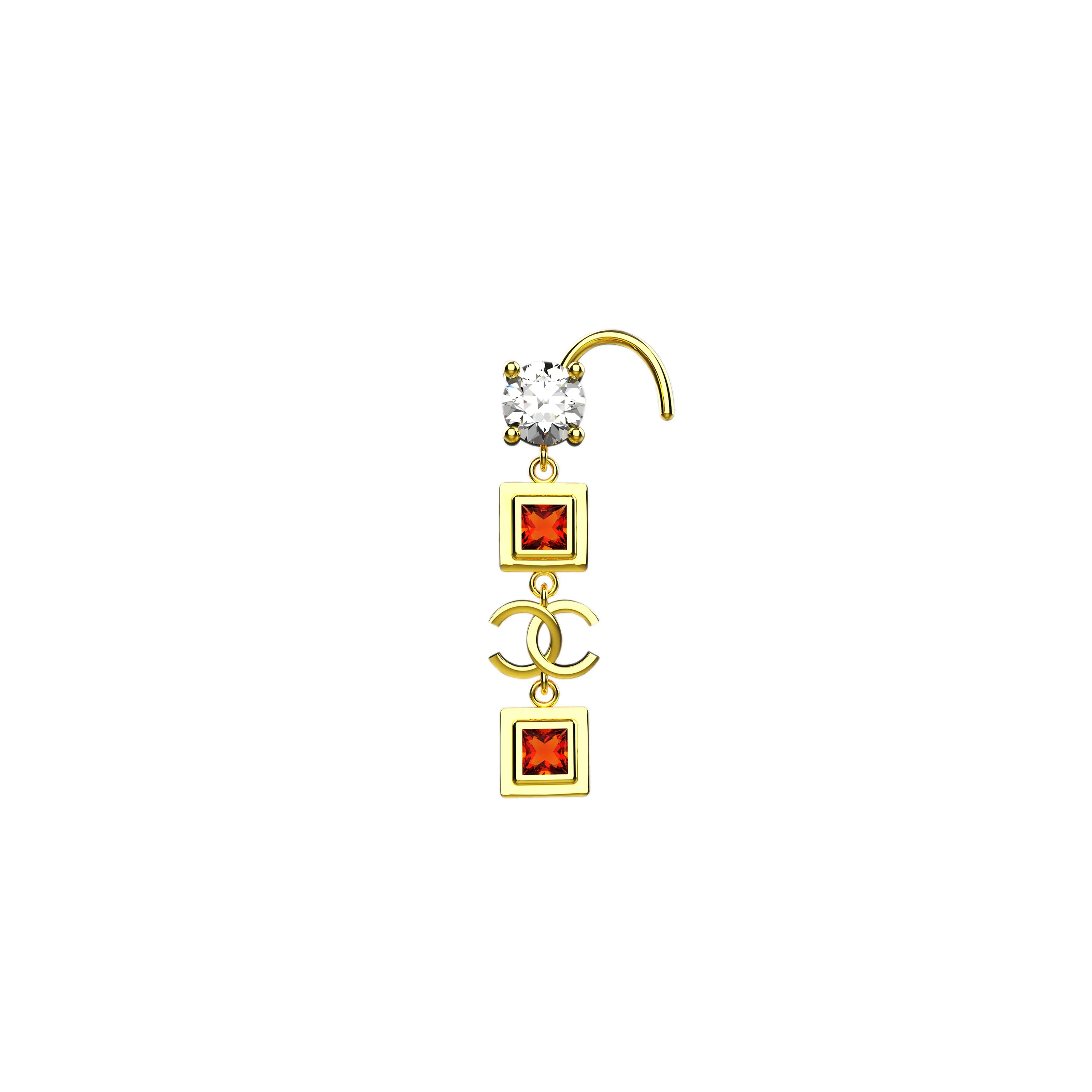 Channel Nose Ring Stud & Garnet Stone Dangle Nose Ring