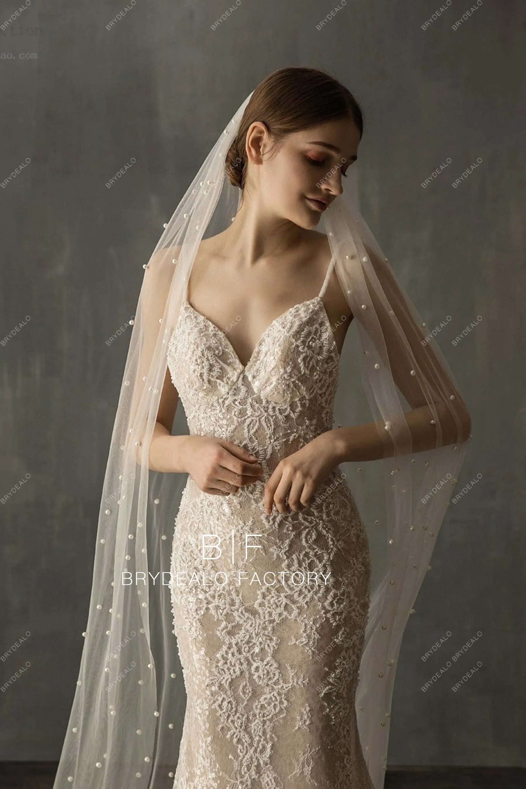 Chapel Length Bridal Veil Scattered Pearls Wedding Veil