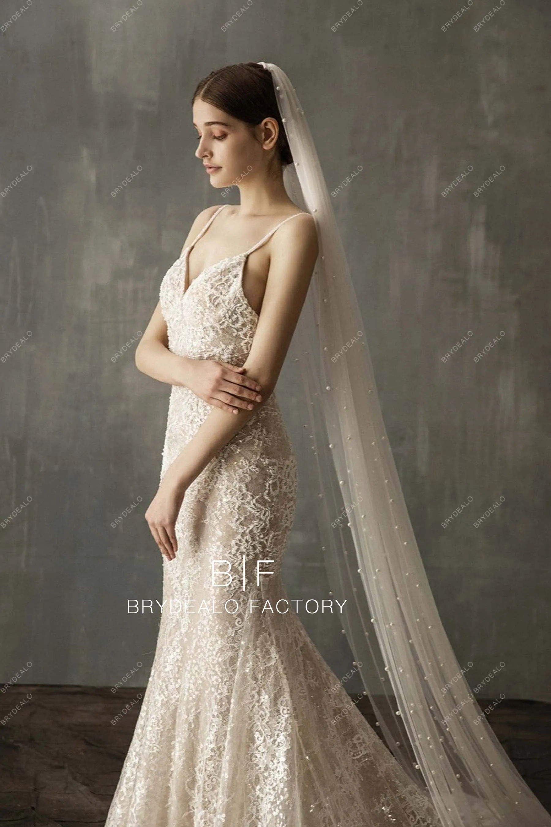 Chapel Length Bridal Veil Scattered Pearls Wedding Veil