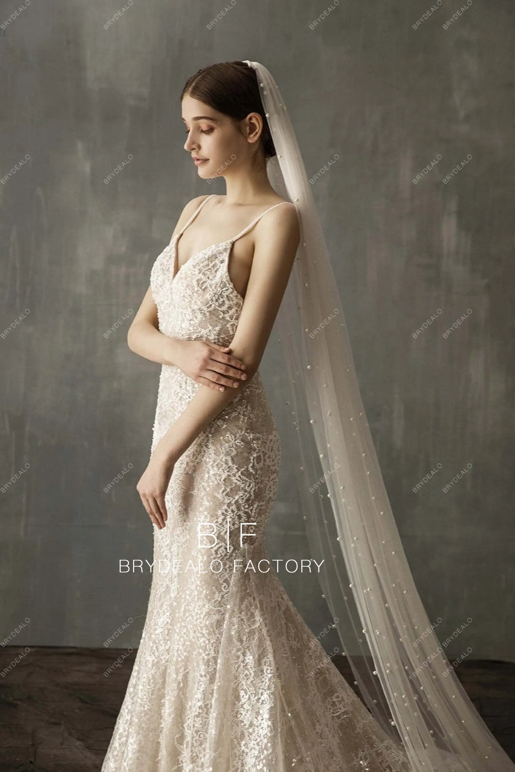 Chapel Length Bridal Veil Scattered Pearls Wedding Veil