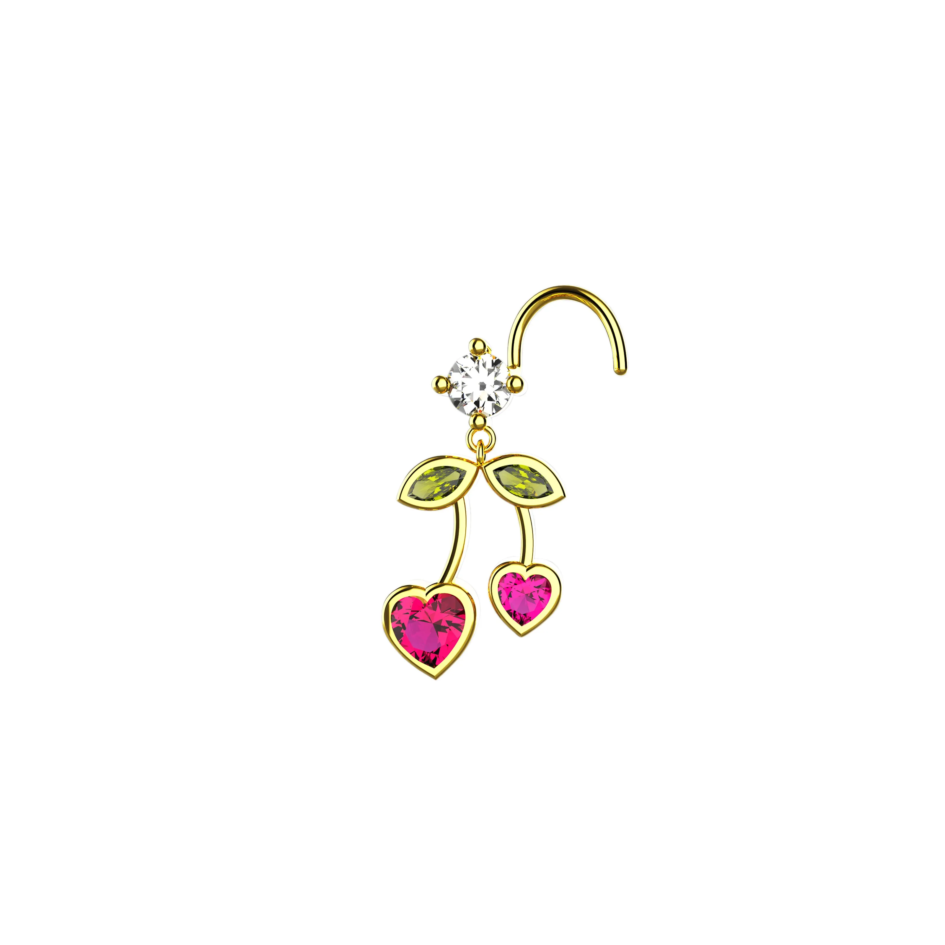Cherry Design Dangle Nose Ring & Heart Nose Stud – Gold Piercing Jewelry