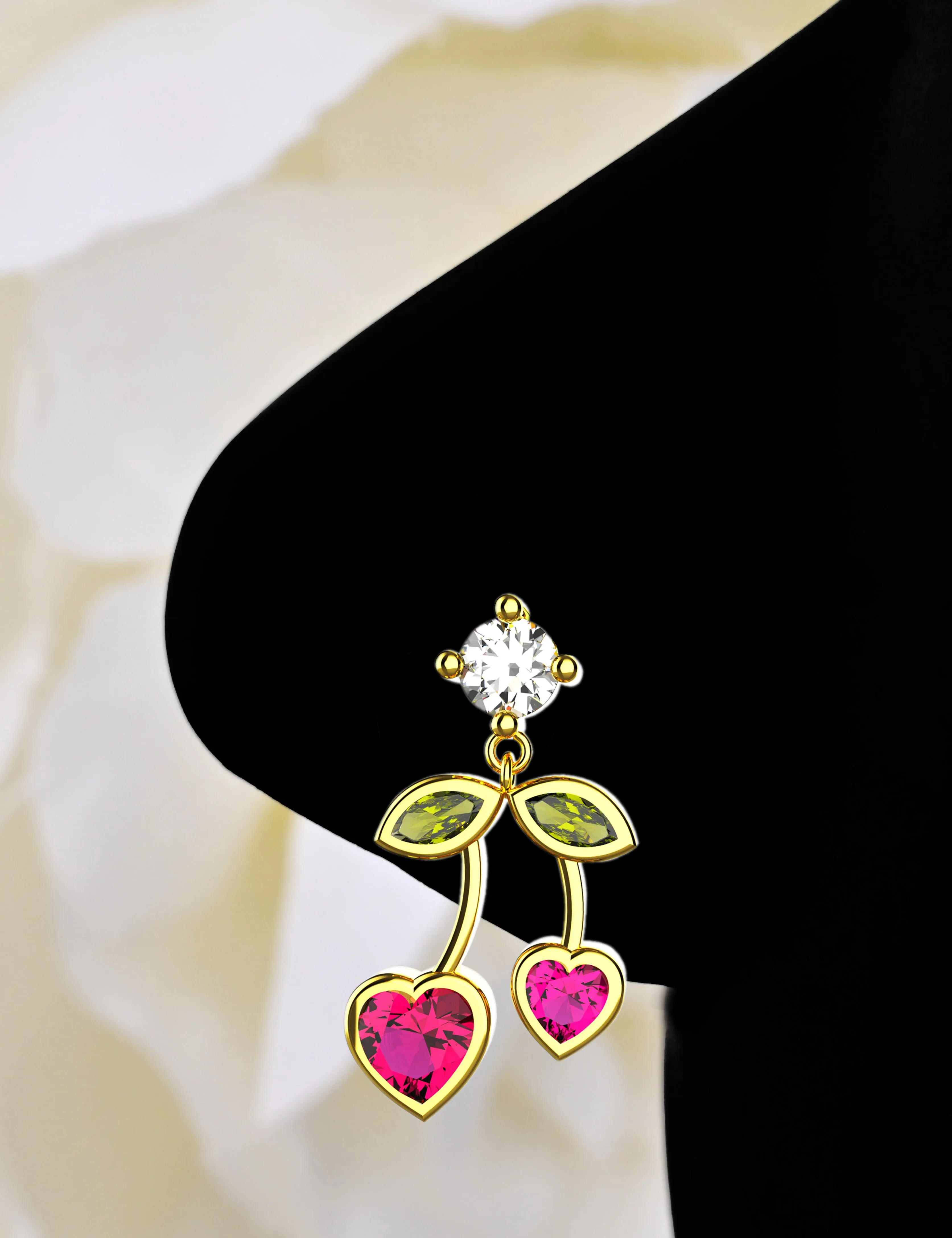 Cherry Design Dangle Nose Ring & Heart Nose Stud – Gold Piercing Jewelry