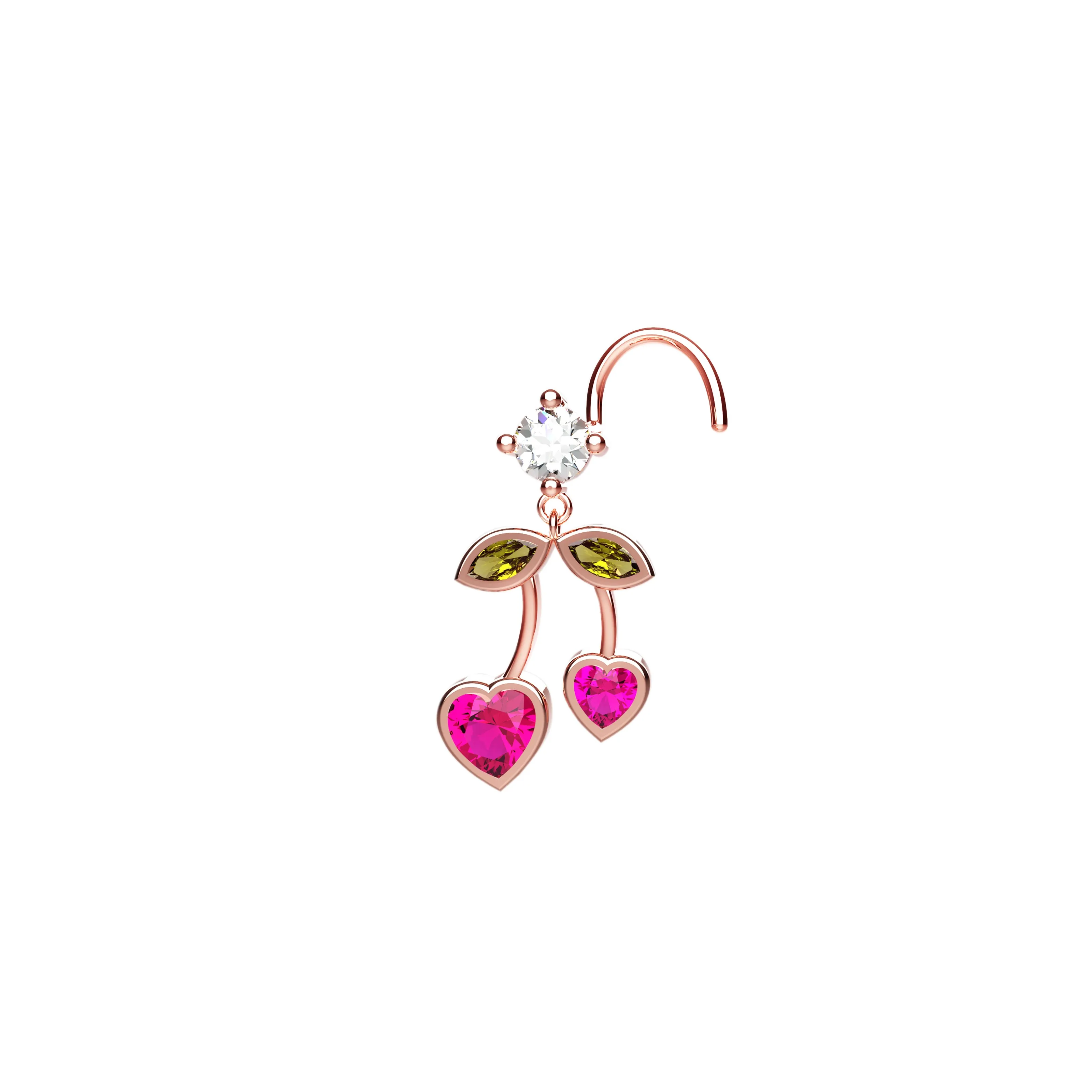 Cherry Design Dangle Nose Ring & Heart Nose Stud – Gold Piercing Jewelry
