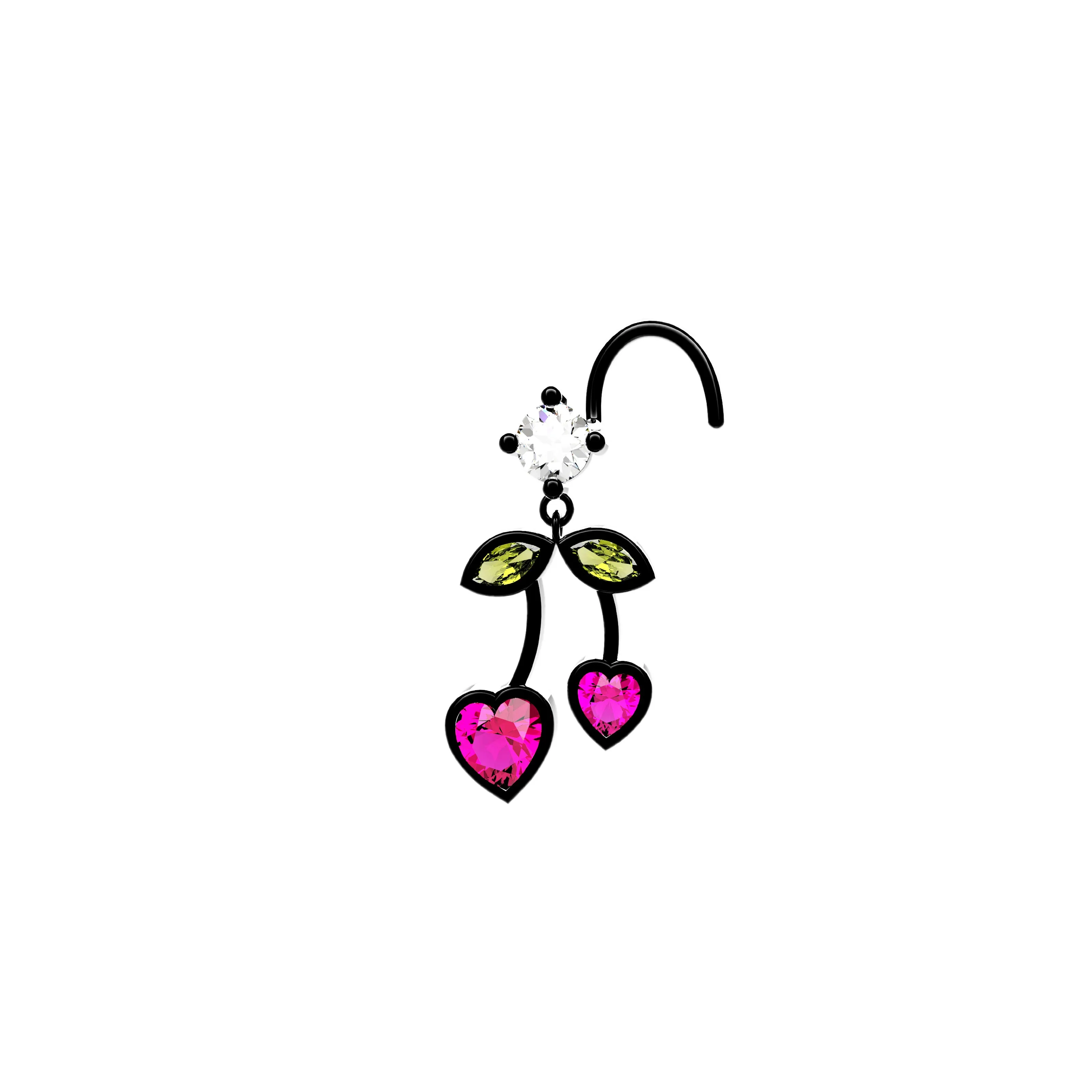 Cherry Design Dangle Nose Ring & Heart Nose Stud – Gold Piercing Jewelry