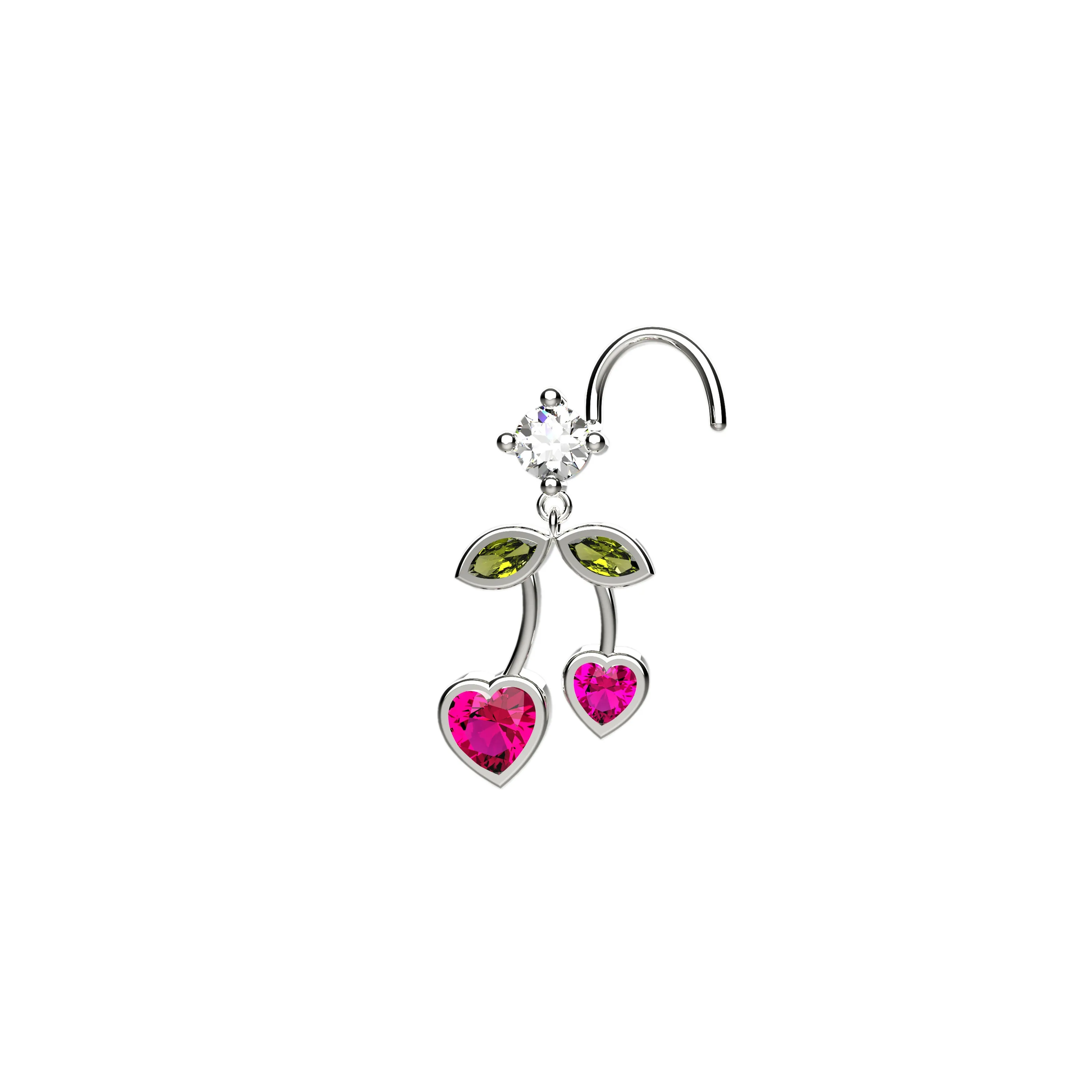 Cherry Design Dangle Nose Ring & Heart Nose Stud – Gold Piercing Jewelry