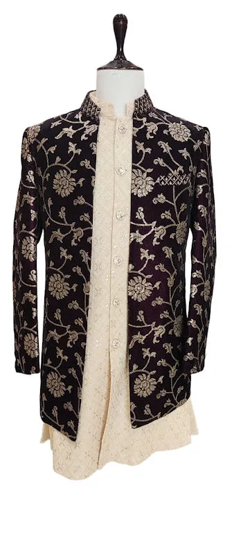Cream and burgundy 2 piece embroidered sherwani