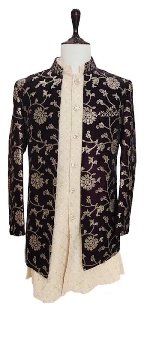 Cream and burgundy 2 piece embroidered sherwani