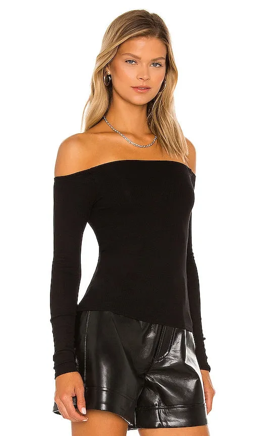Enza Costa Silk Rib Off the Shoulder Long Sleeve Top in Black