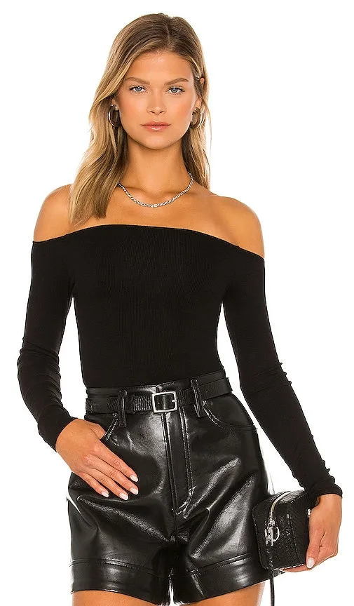 Enza Costa Silk Rib Off the Shoulder Long Sleeve Top in Black
