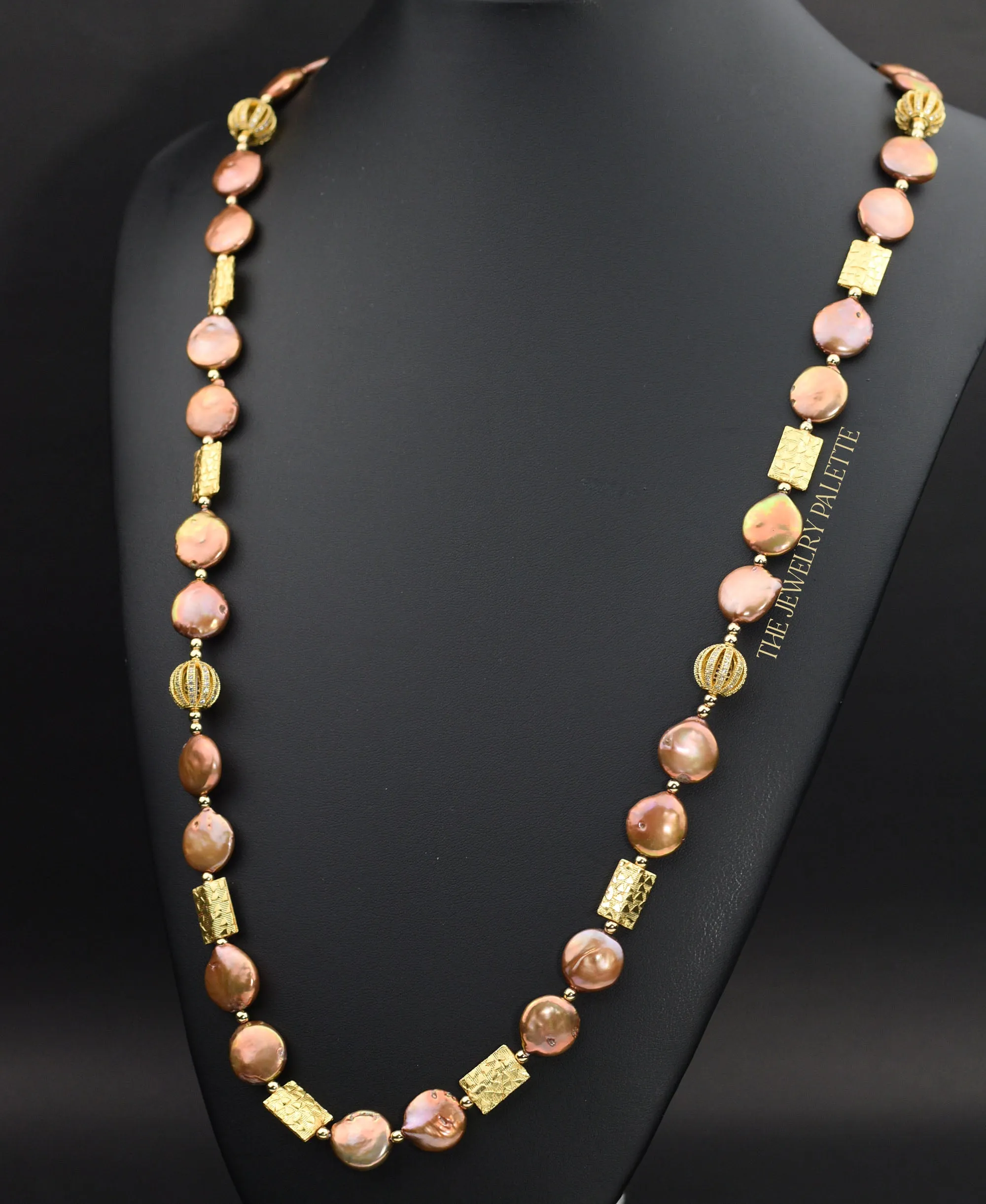 Genieva bronze coin pearl necklace with gold accents