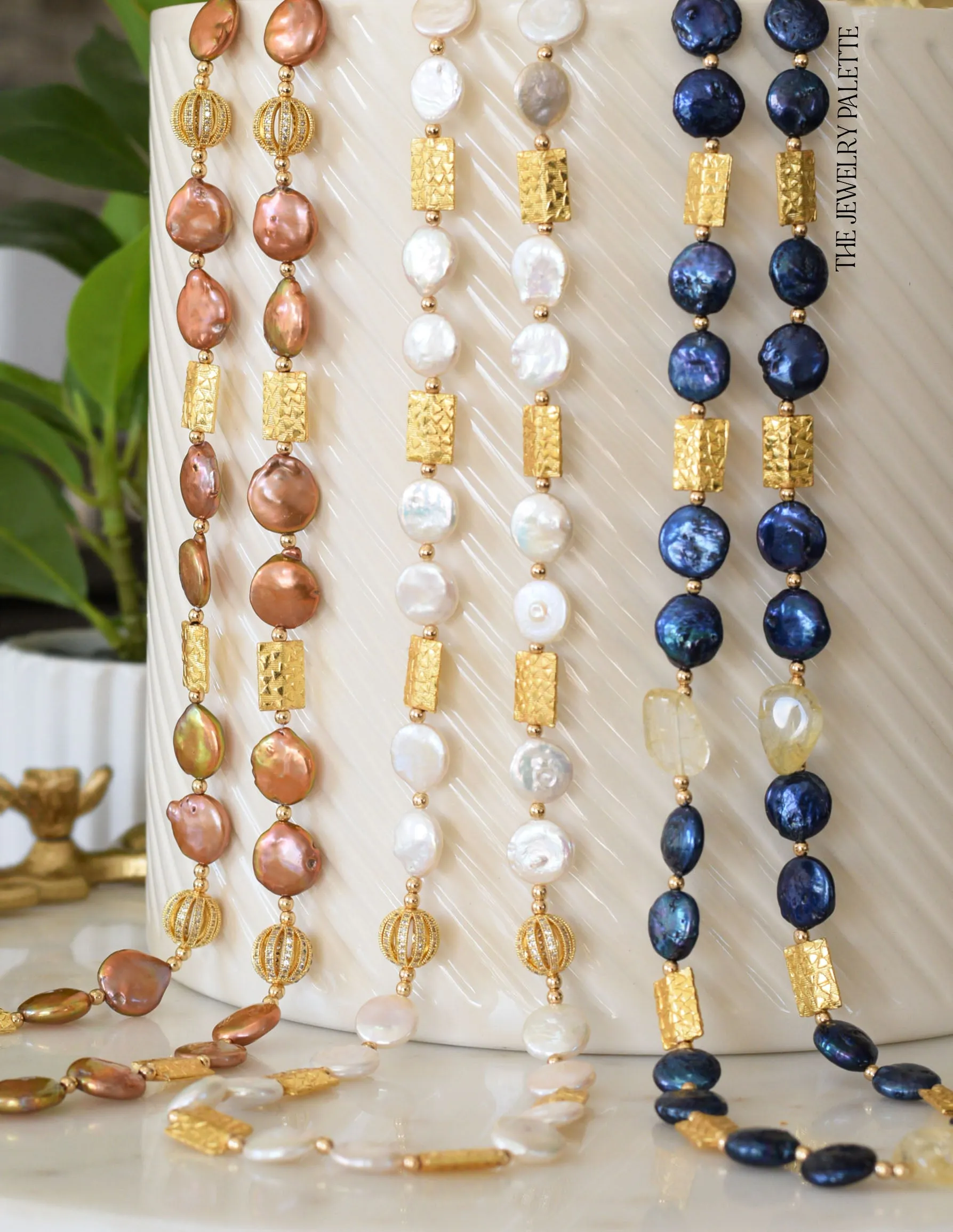 Genieva bronze coin pearl necklace with gold accents