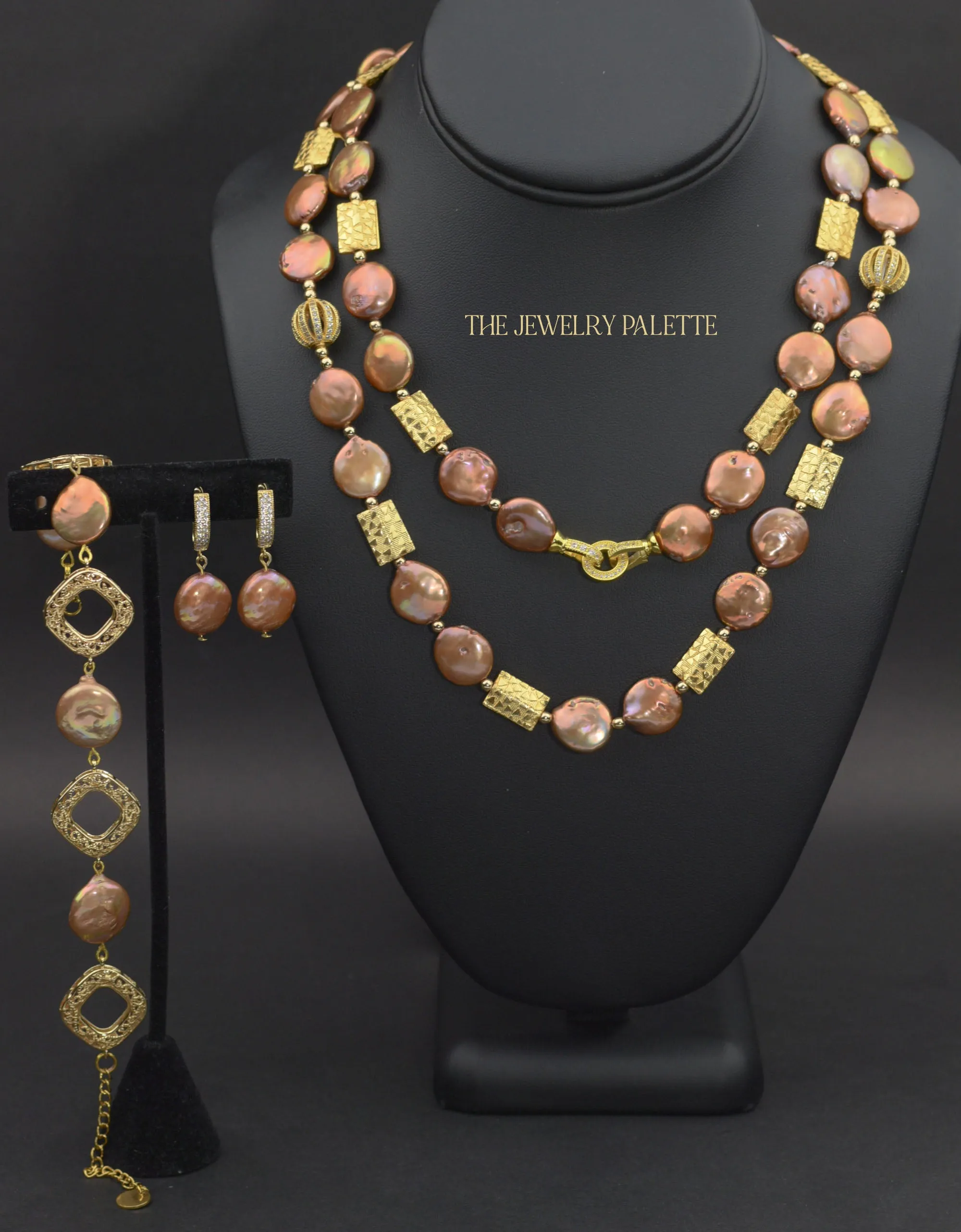 Genieva bronze coin pearl necklace with gold accents