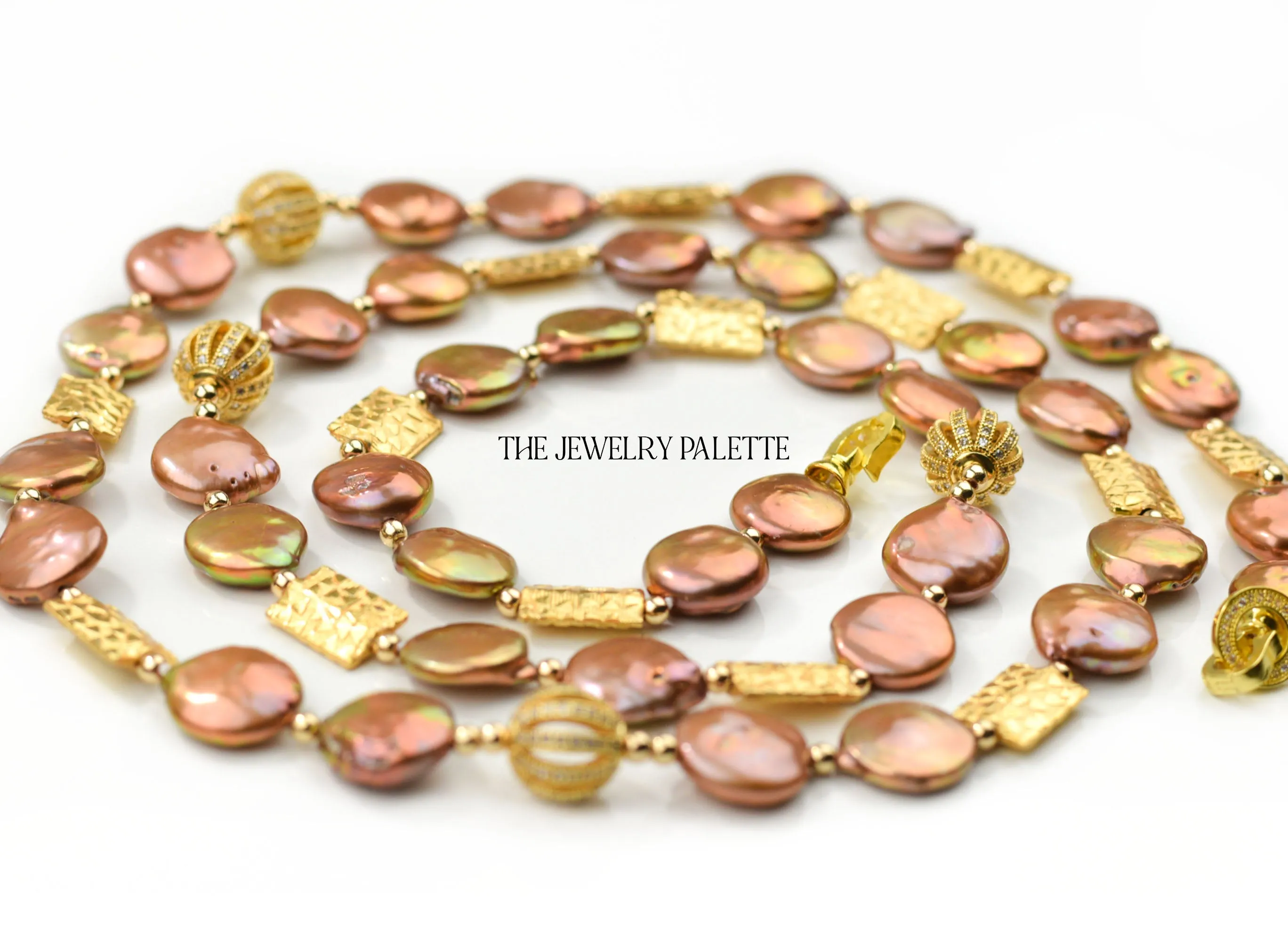 Genieva bronze coin pearl necklace with gold accents