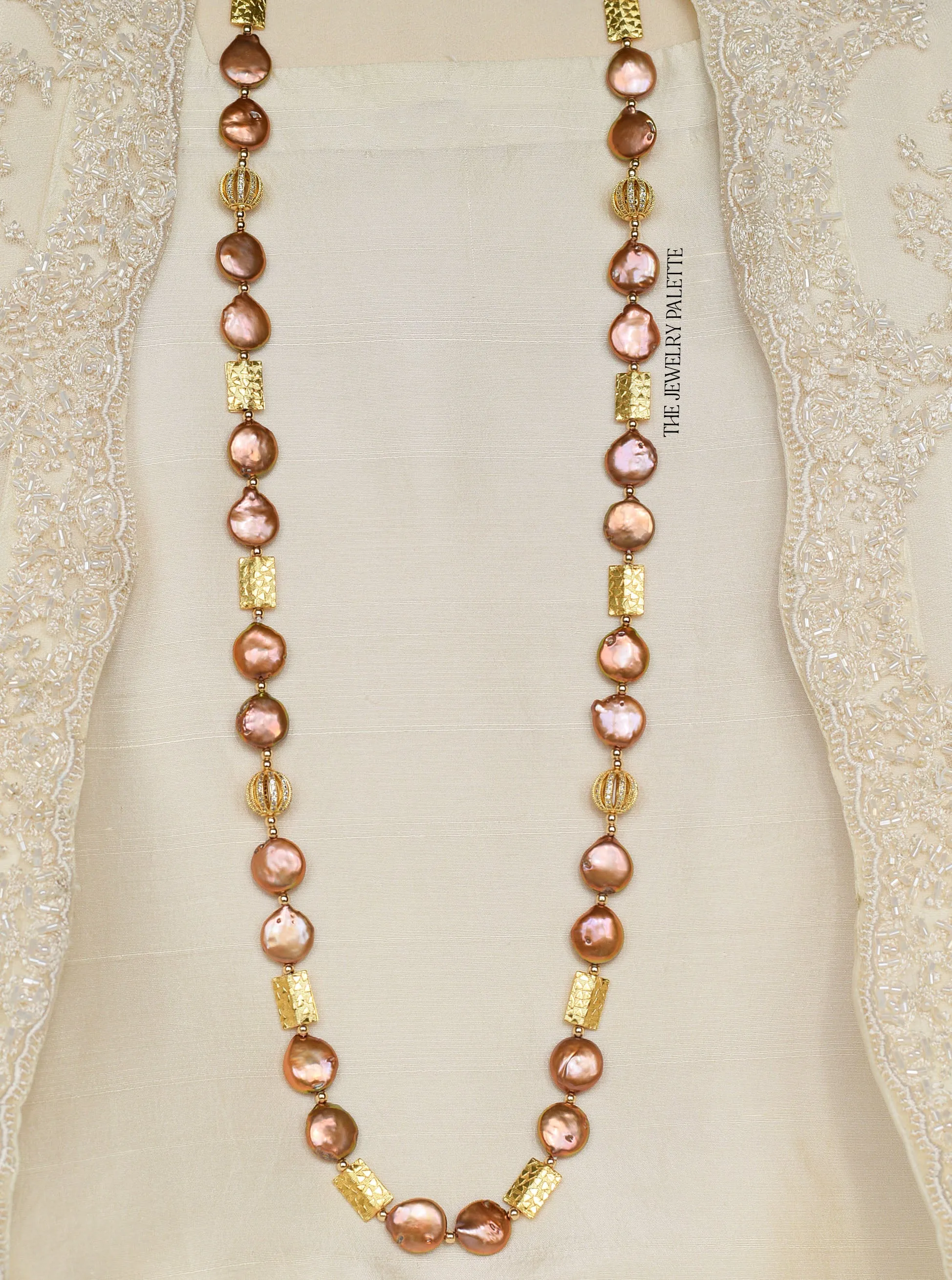 Genieva bronze coin pearl necklace with gold accents