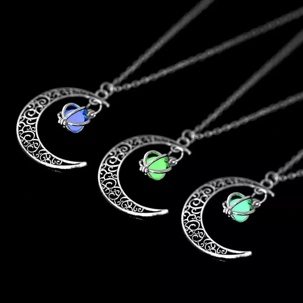 Glow In The Dark Crescent Moon Pendant Necklace