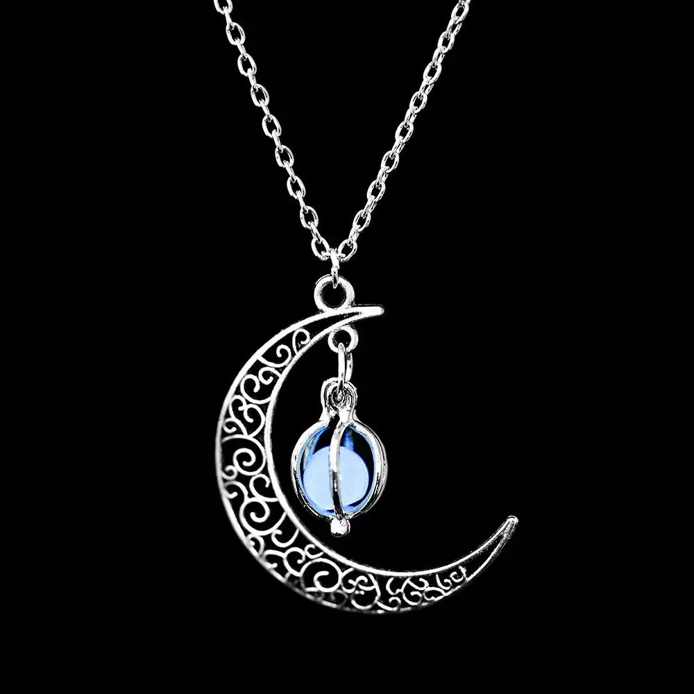 Glow In The Dark Crescent Moon Pendant Necklace