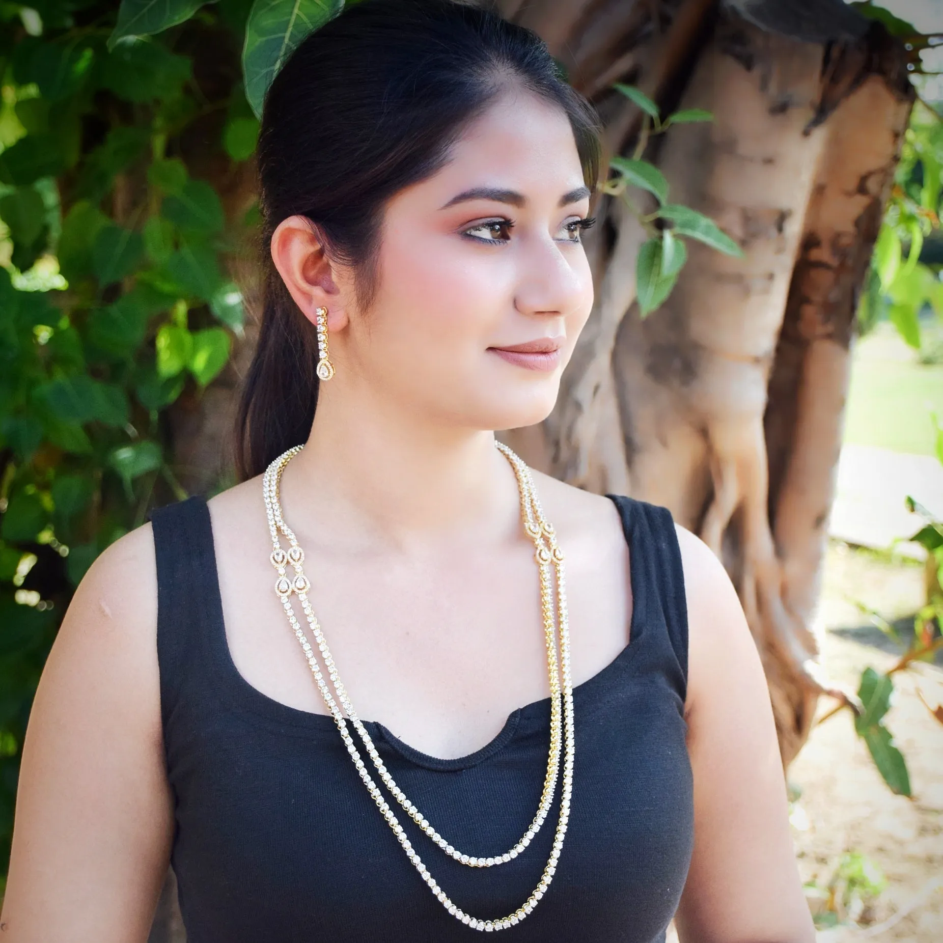 Gold Polish Long Zircon/AD Necklace Set 14424-1514