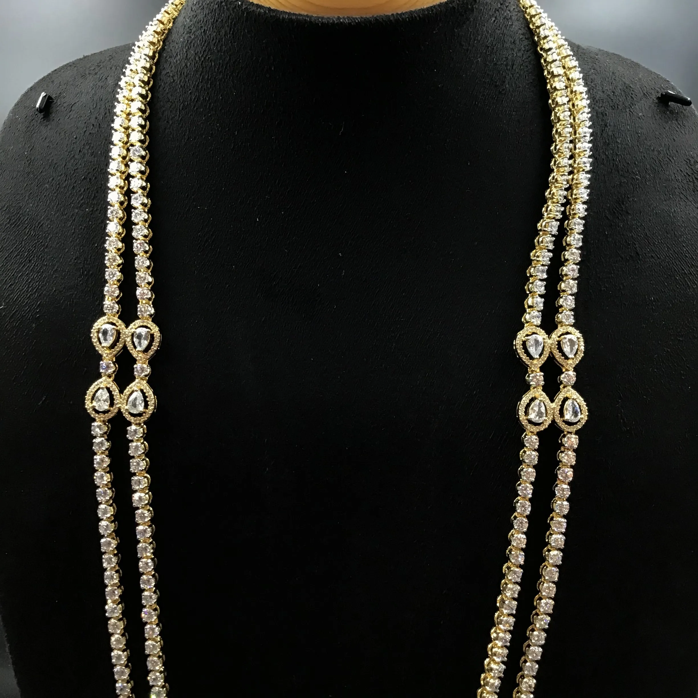 Gold Polish Long Zircon/AD Necklace Set 14424-1514