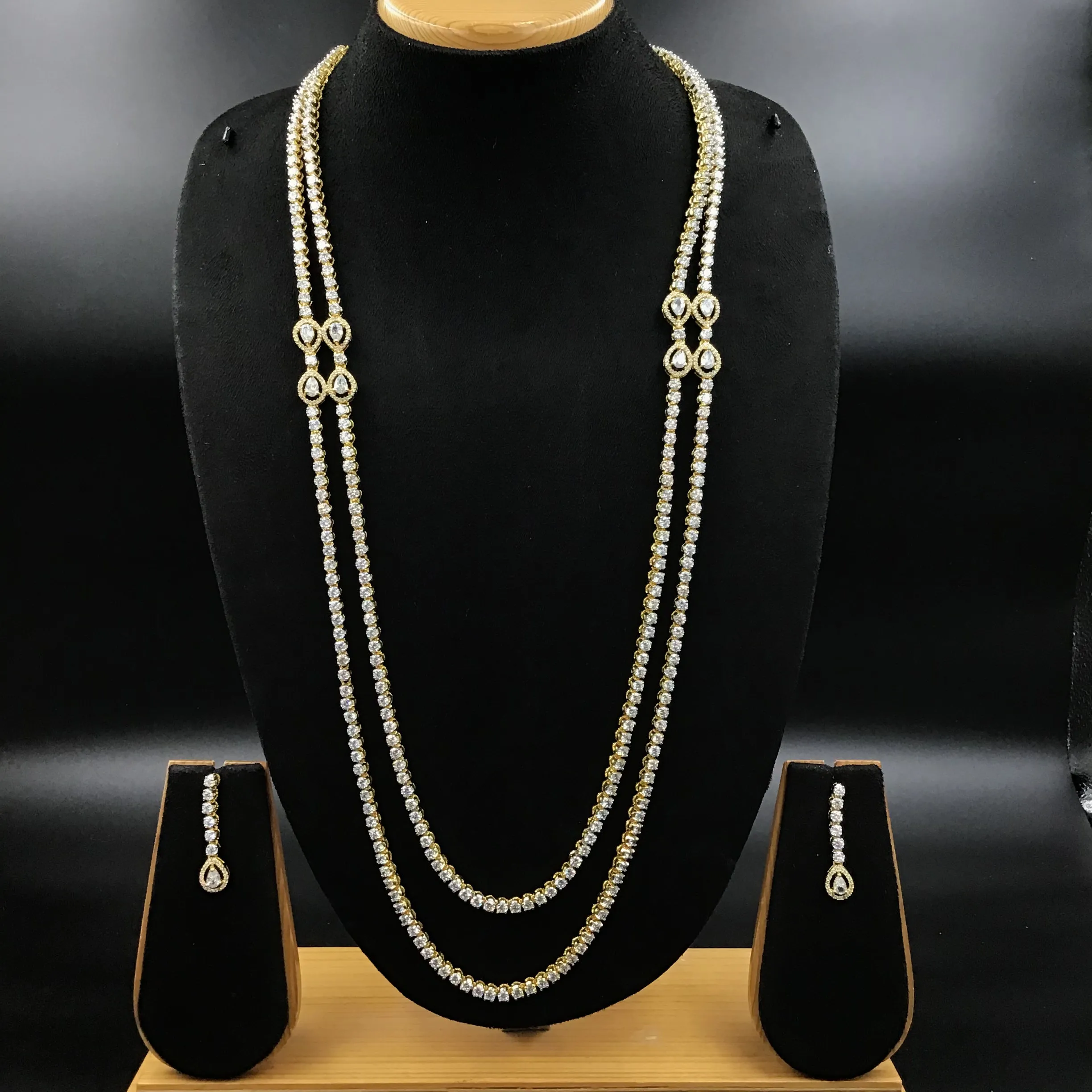 Gold Polish Long Zircon/AD Necklace Set 14424-1514