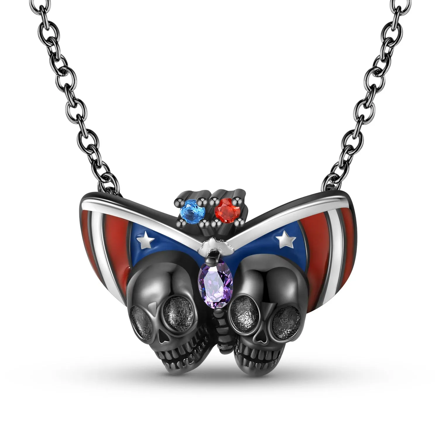 Halloween American Double Skull Zircon Silver Necklace