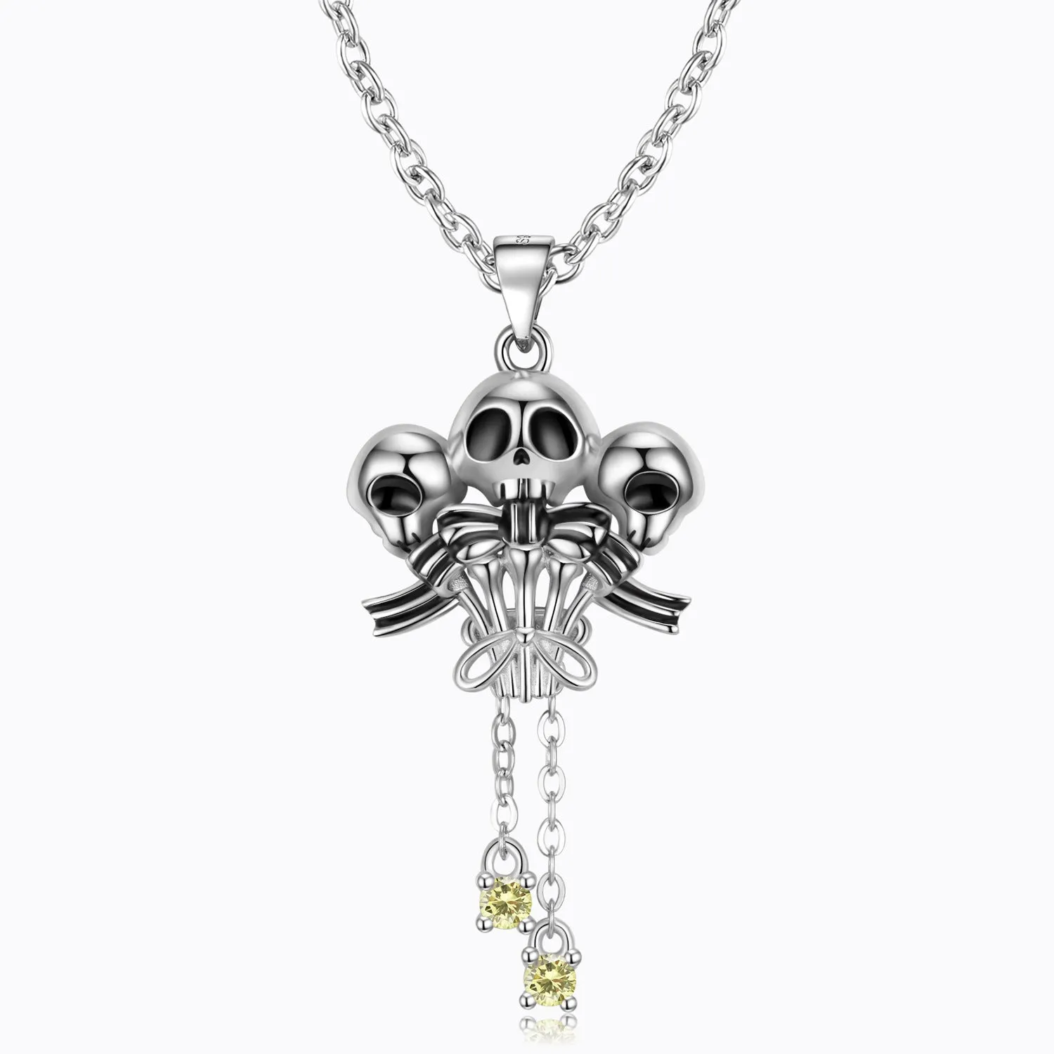 Halloween Three Sided Skull Head Tassel Zircon Silver Necklace