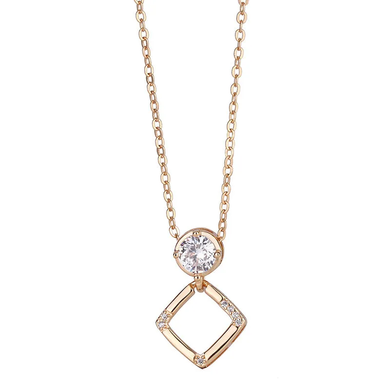 Hollow Square with Round Zircon Pendant Silver Necklace for Women