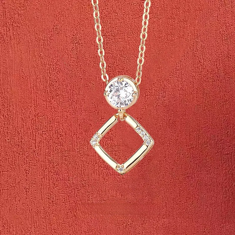 Hollow Square with Round Zircon Pendant Silver Necklace for Women