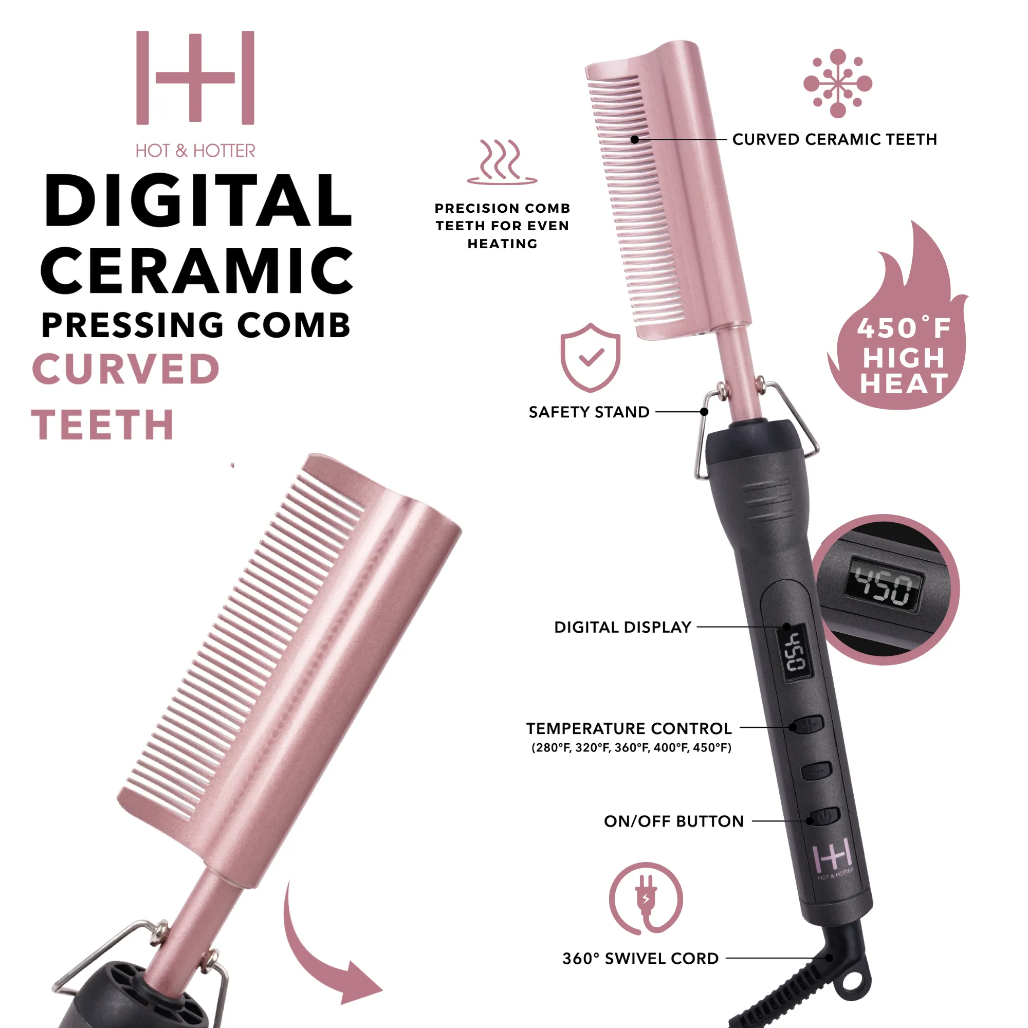 Hot & Hotter Digital Electrical Ceramic Pressing Comb Curved Teeth