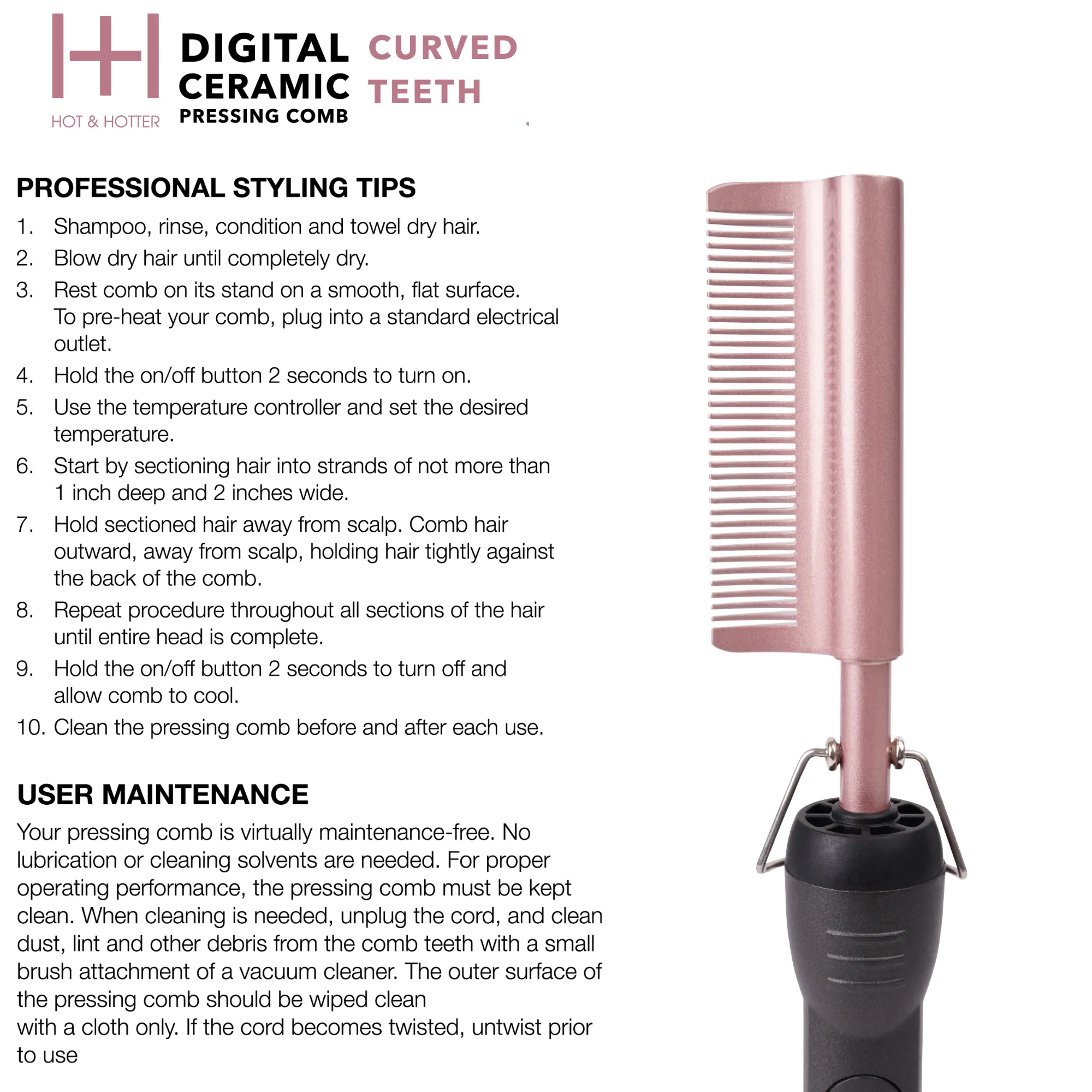 Hot & Hotter Digital Electrical Ceramic Pressing Comb Curved Teeth