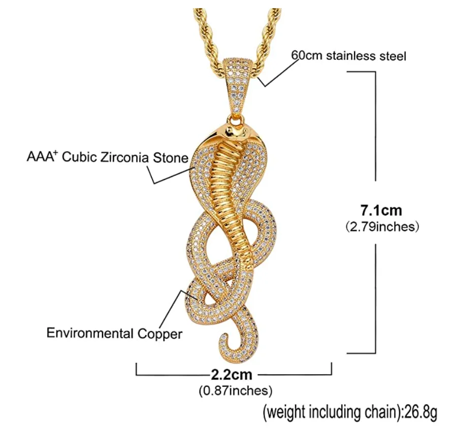 King Cobra Snake Necklace Simulated Diamonds Snake Jewelry Serpent Chain Birthday Gift Gold Silver Tone 24in.