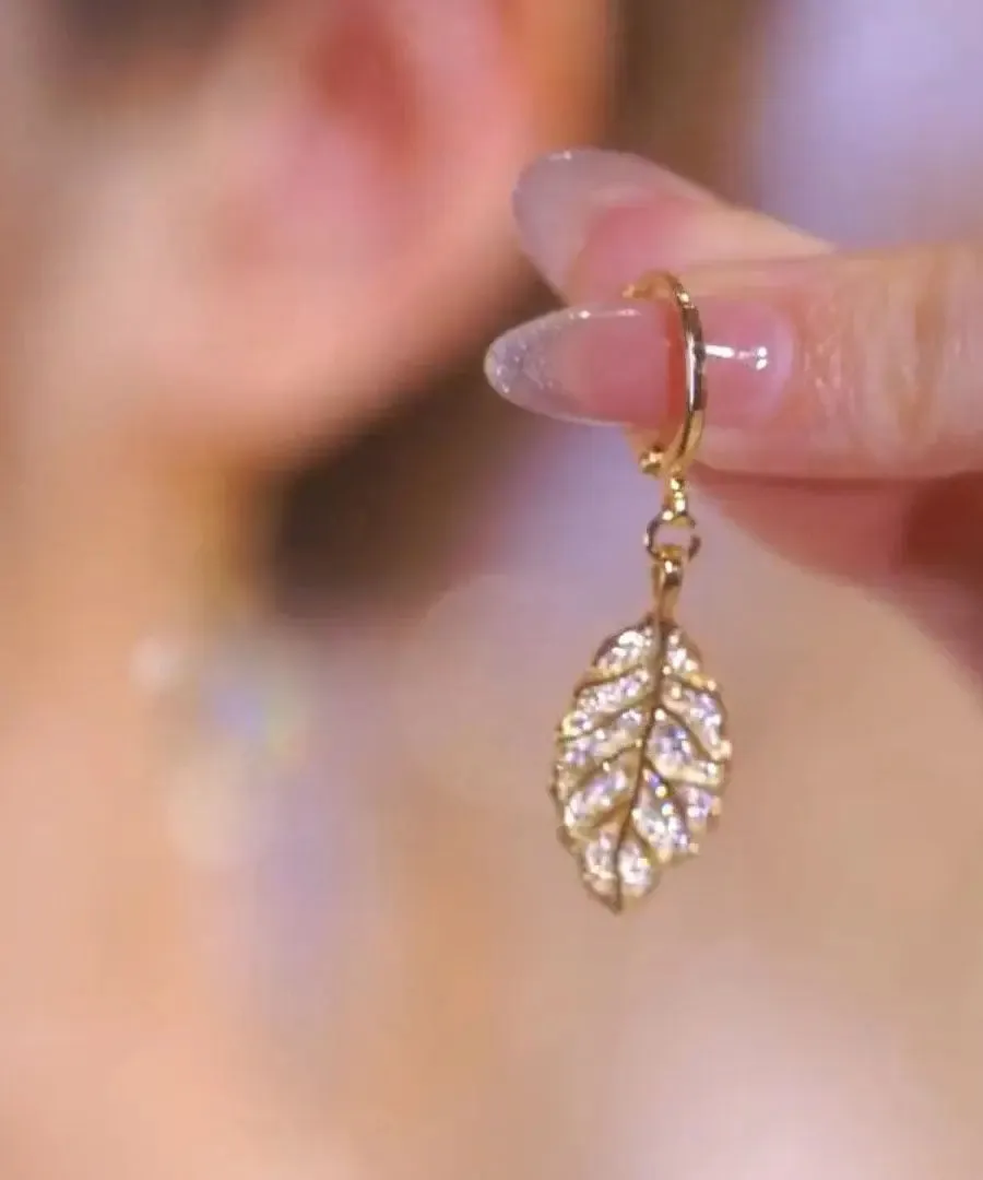 Modern Gold Copper Overgild Zircon Leaf Drop Earrings LY8981