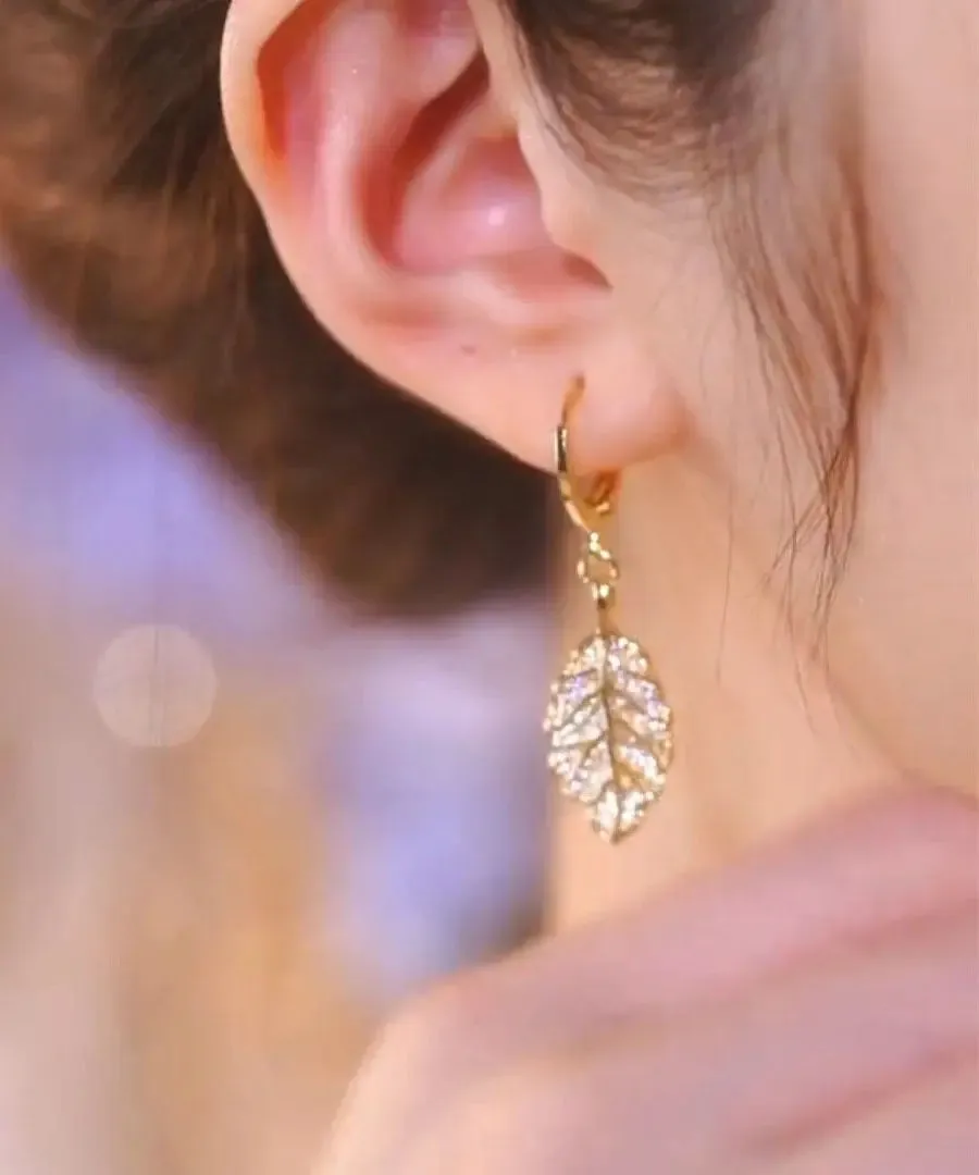 Modern Gold Copper Overgild Zircon Leaf Drop Earrings LY8981