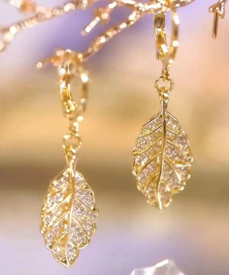 Modern Gold Copper Overgild Zircon Leaf Drop Earrings LY8981