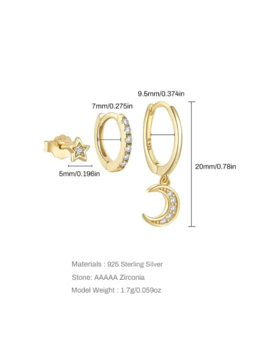 Moon & Stars Earring Set, .925 Sterling Silver, Zircon 18K Gold Plated Three (3) Luxury Earring Set