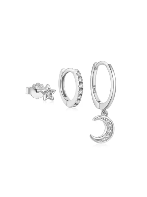Moon & Stars Earring Set, .925 Sterling Silver, Zircon 18K Gold Plated Three (3) Luxury Earring Set