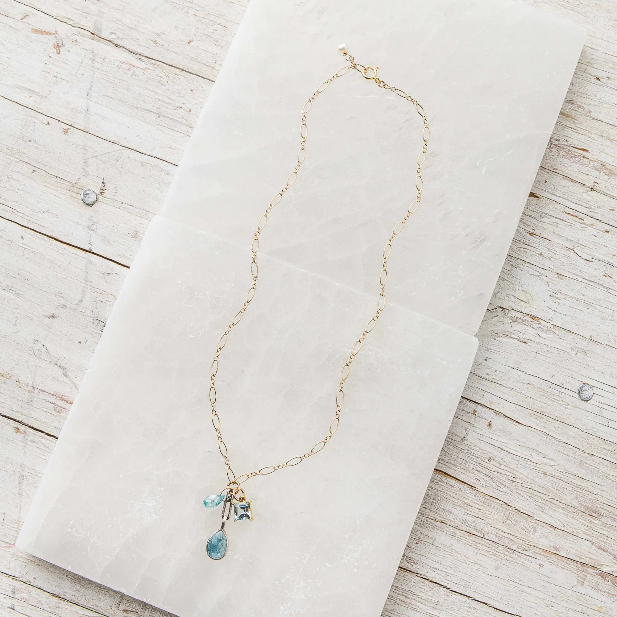 Moss Kyanite Necklace with Topaz and Zircon Charms