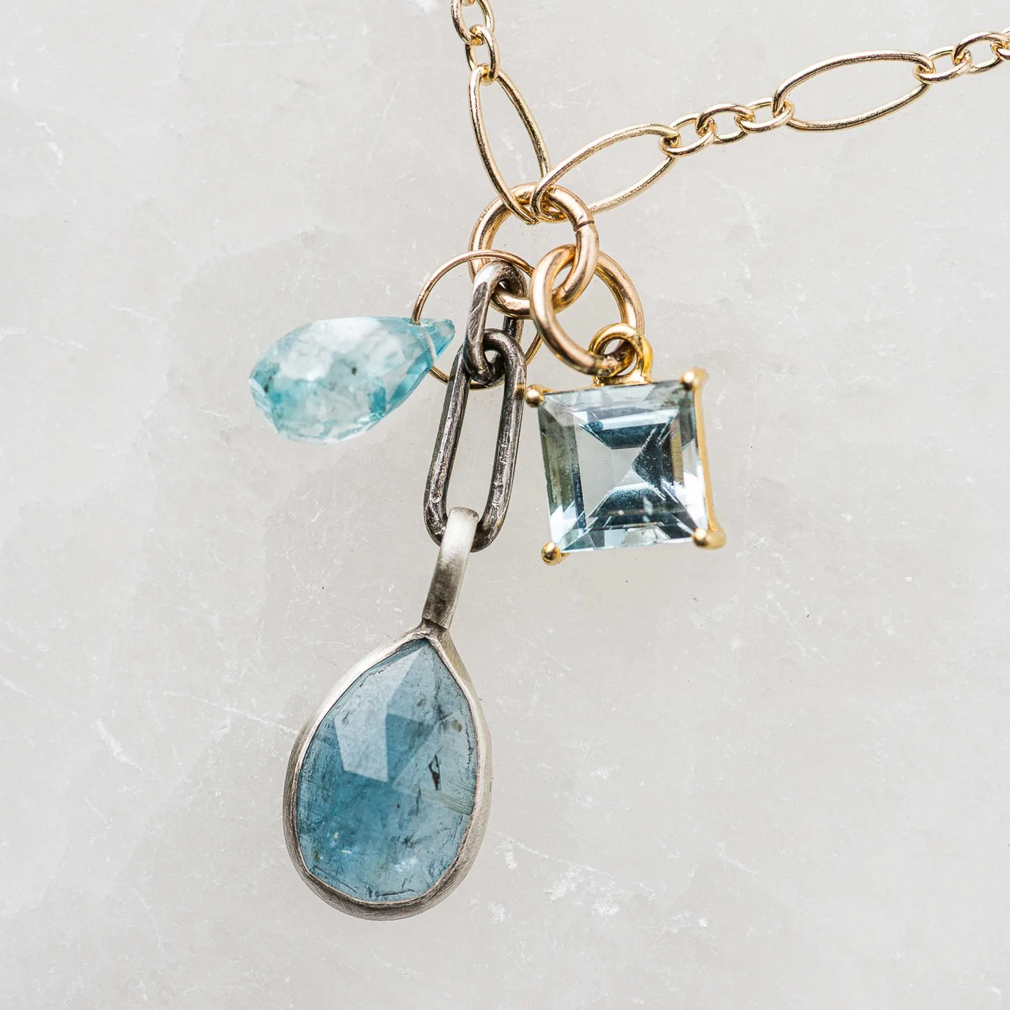 Moss Kyanite Necklace with Topaz and Zircon Charms